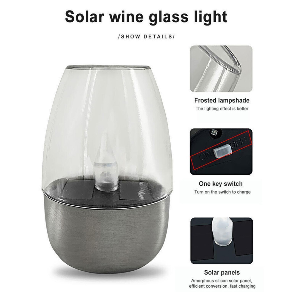 Eine solarbetriebene Weinglasleuchte mit mattiertem Schirm und sichtbarer Flammen-LED.