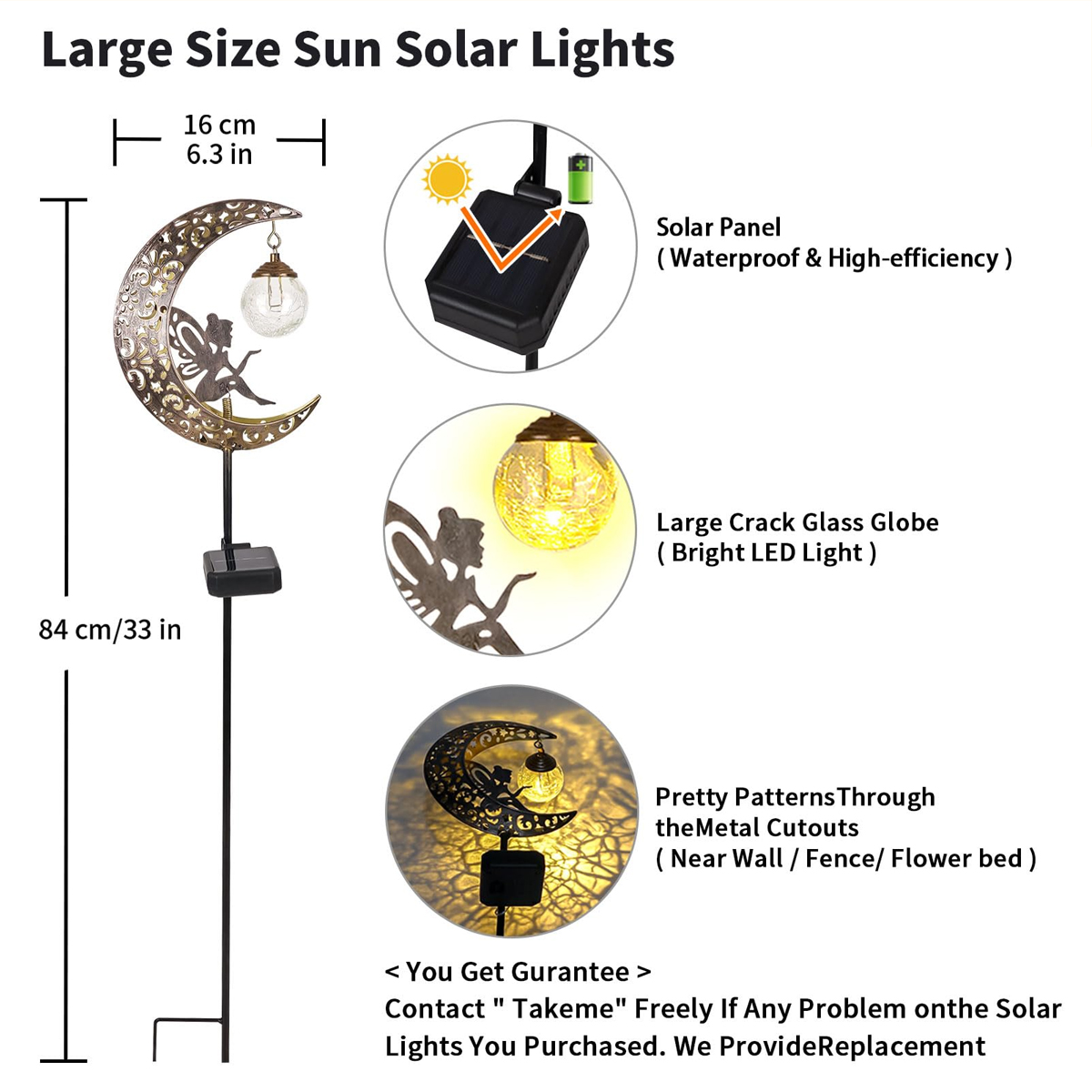 Gartenlicht in Mondform mit Fee, Solarpanel, großem Rissglas globus.