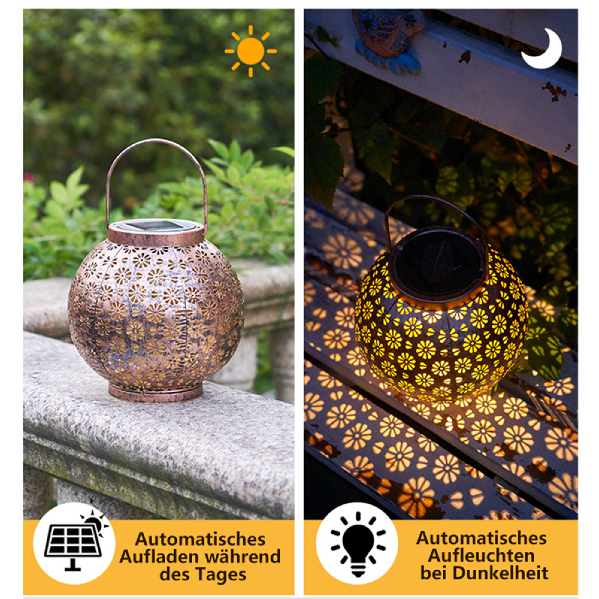 Dekorative Laterne mit Blumenmuster, tagsüber solarbetrieben, nachts beleuchtet.