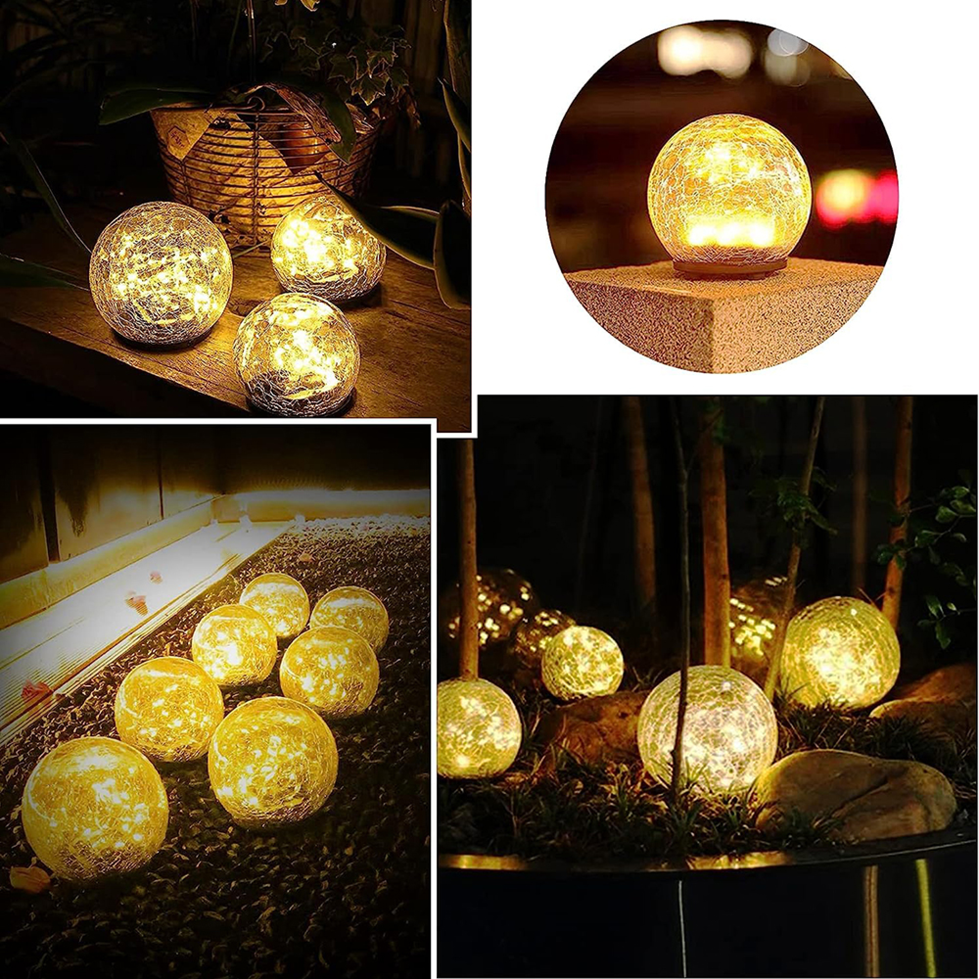 Rissglas-Kugel-Lichter leuchten warmgelb, auf Holz und in Gärten angeordnet.