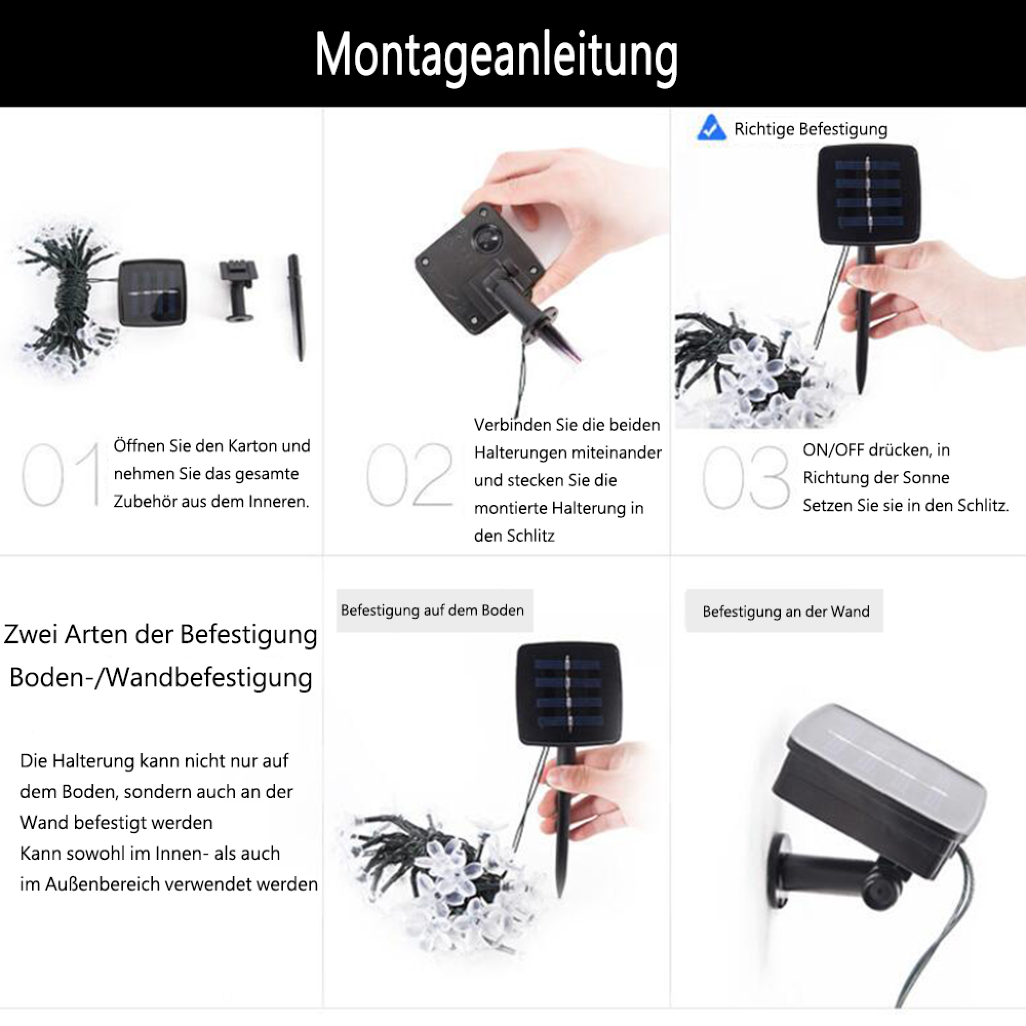 Montageanleitung für Solarleuchten: Auspacken, Halterungen verbinden, befestigen.