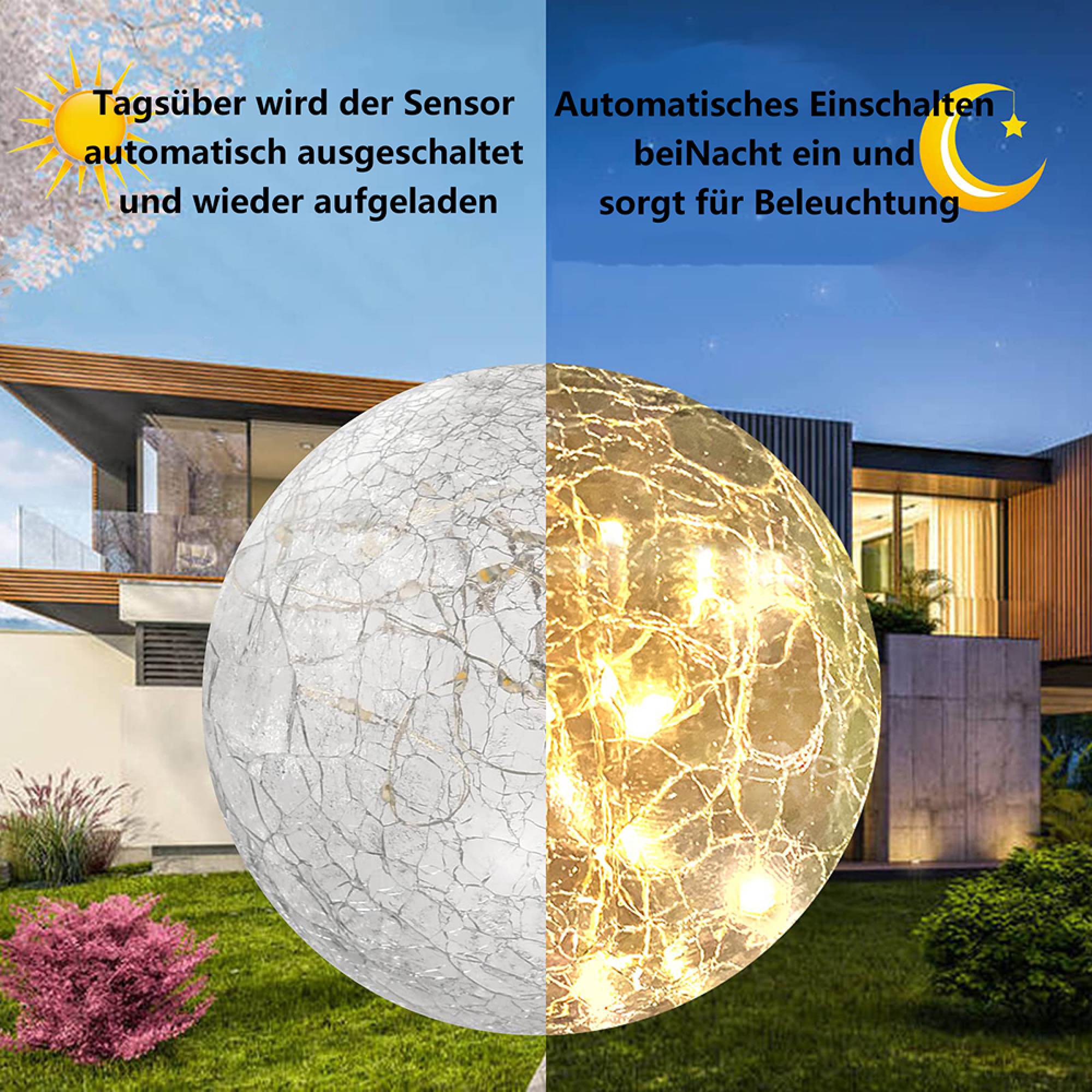 Ein Haus mit einem geteilten Garten: Tag/Nacht, Sensor ein/aus, Licht an/aus.