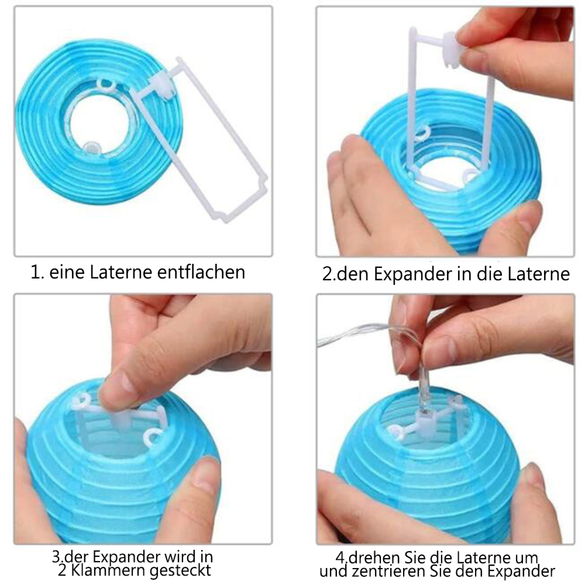 Anleitung zum Aufspannen einer blauen Laterne mit einem weißen Expander.