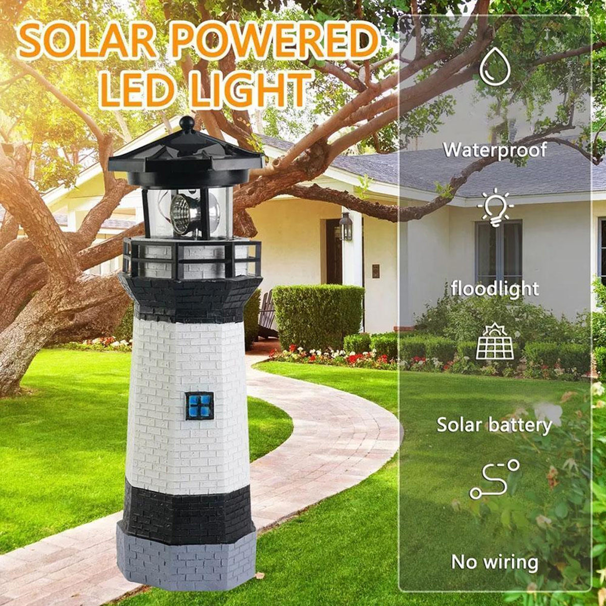 Solarbetriebene LED-Leuchte im Leuchtturm-Design im Garten aufgestellt.