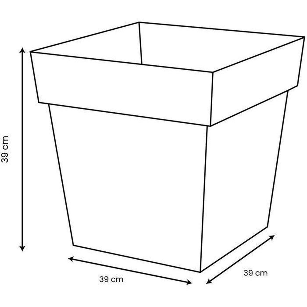 Ein quadratischer Blumentopf mit 39 cm Höhe, Breite und Tiefe.