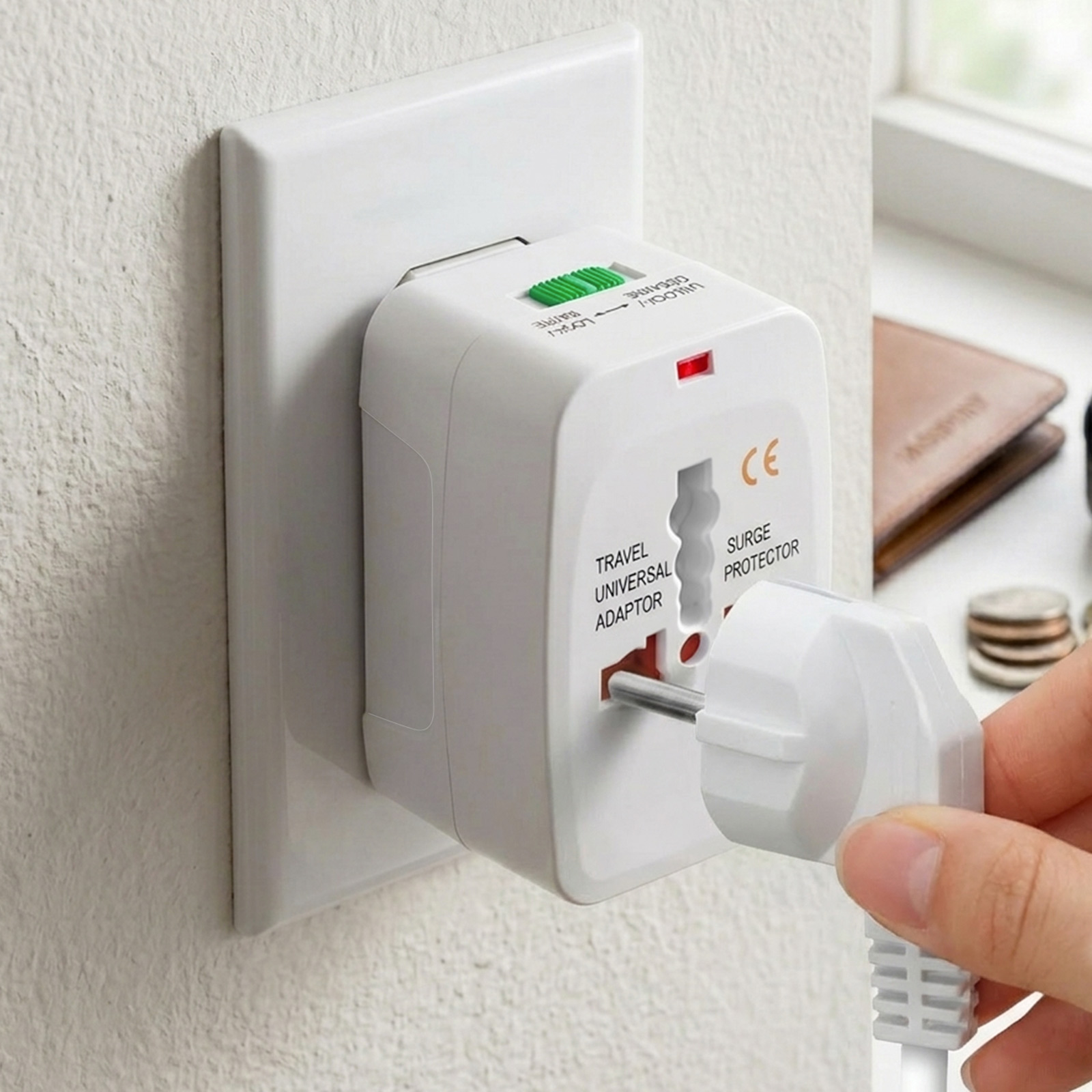 Ein weißer Reiseadapter steckt in einer Steckdose. Eine Hand hält einen Stecker.