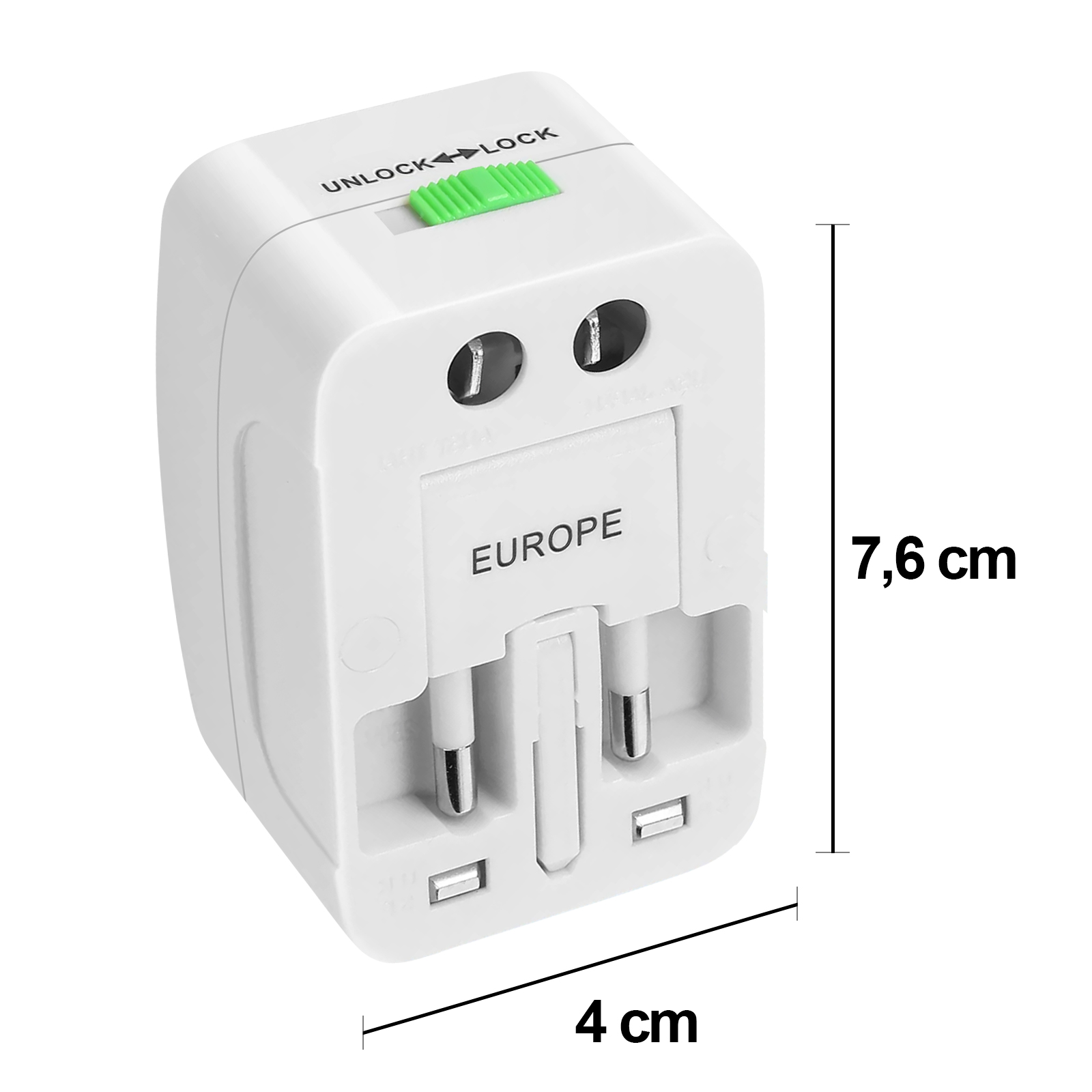 Weißer Universal-Reiseadapter mit ausziehbaren Steckern und "EUROPE"-Beschriftung.