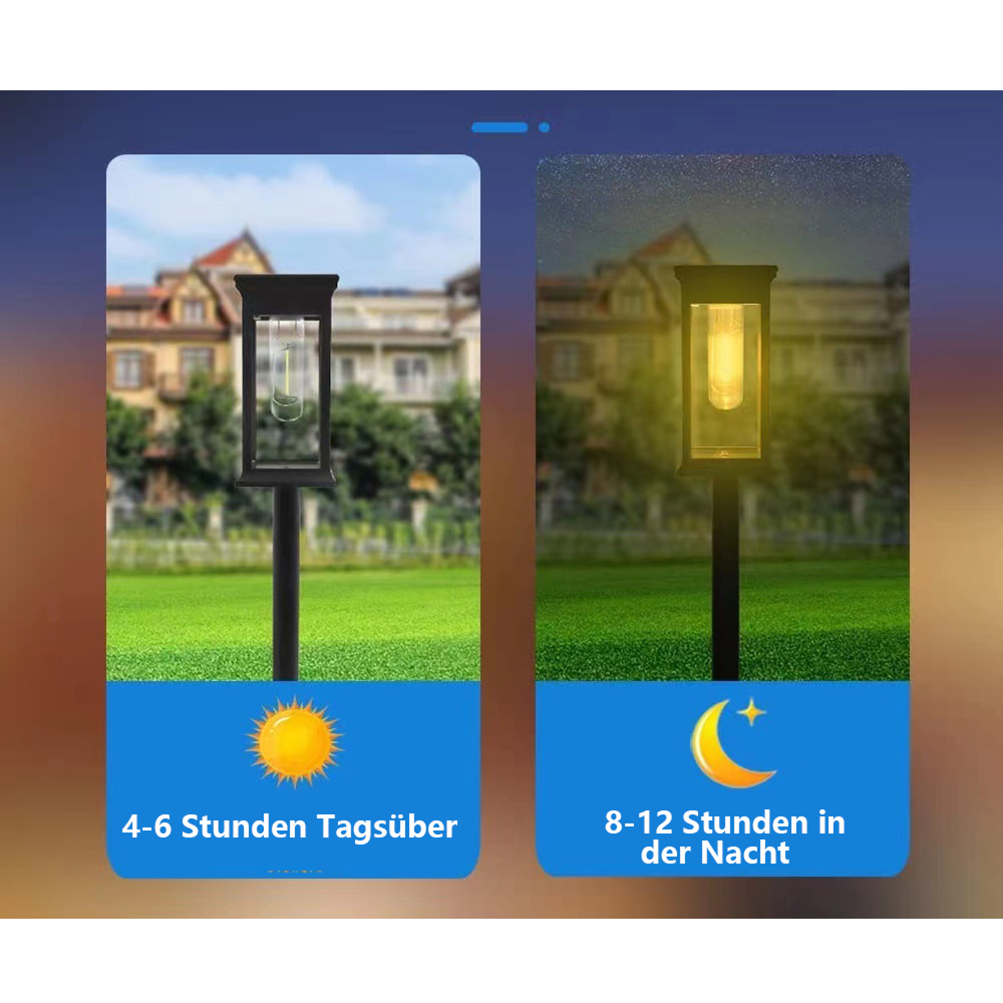 Gartenleuchte bei Tag und Nacht. Ladezeit 4-6h, Leuchtdauer 8-12h.
