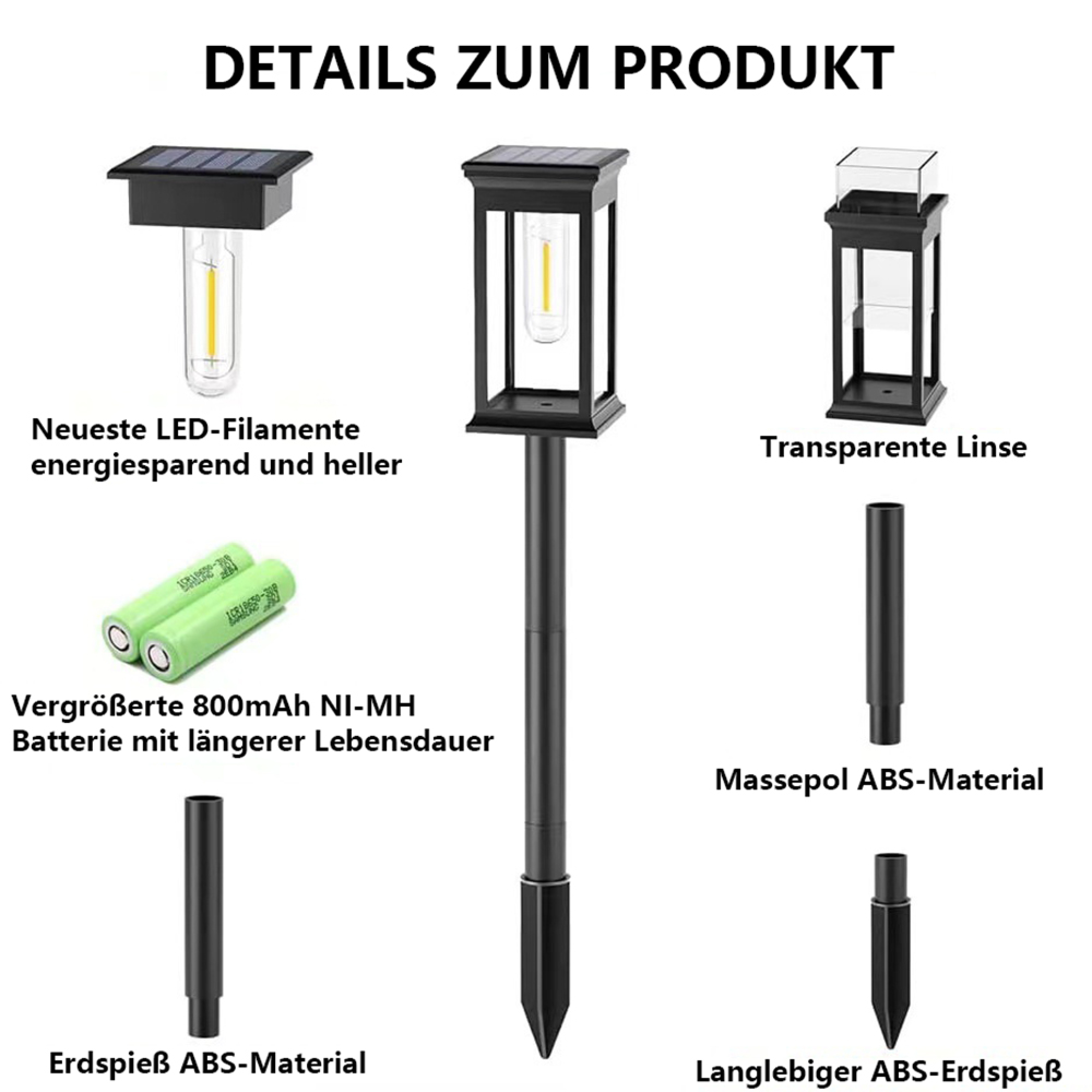 Details zum Produkt: Solarleuchte, Batterien, Erdspieße.