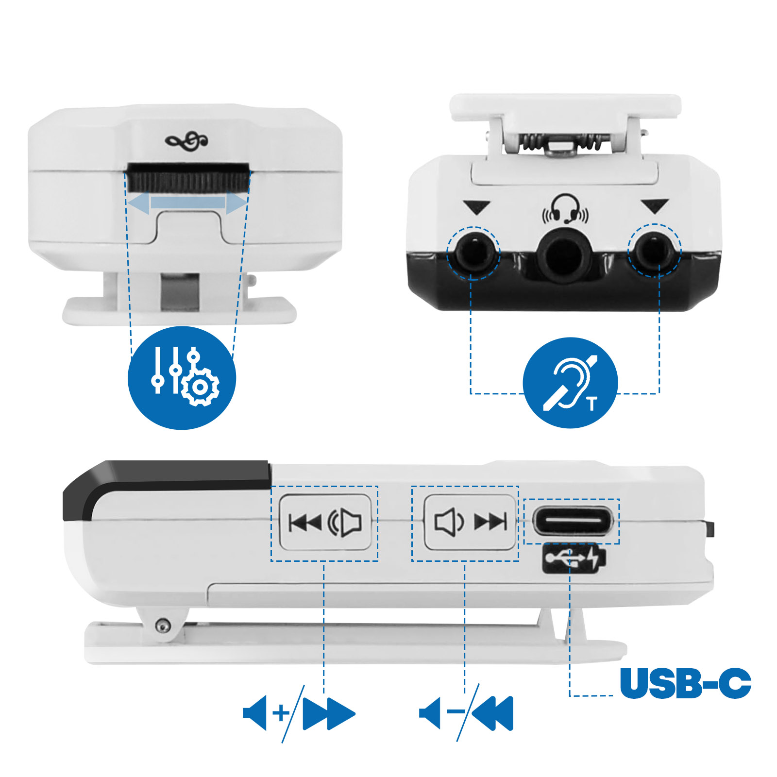 Weißes Audiogerät mit Anschlüssen, Tasten und USB-C. Bietet Lautstärke- und Wiedergabesteuerung.
