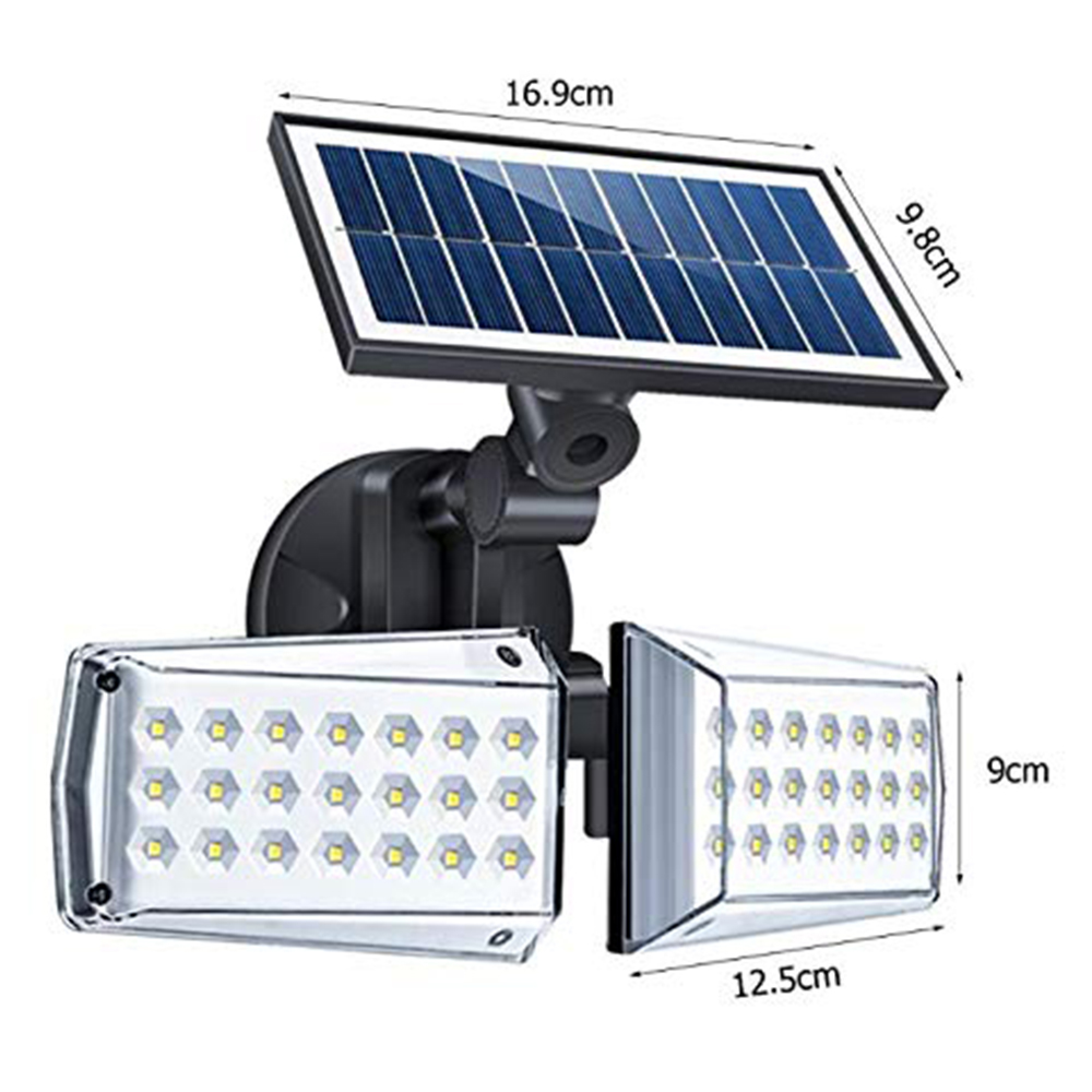 Solar-Außenleuchte mit zwei LED-Köpfen und Solarpanel. Maße angegeben.