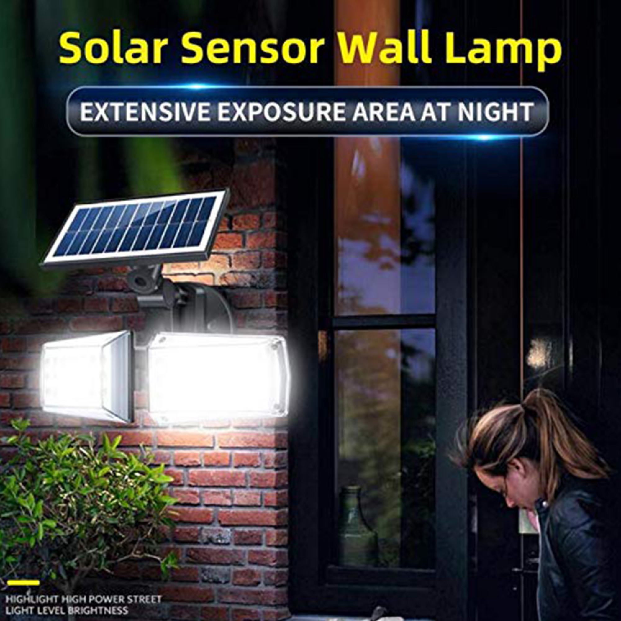 Solar-Wandleuchte mit Bewegungssensor beleuchtet Ziegelwand und Fenster.