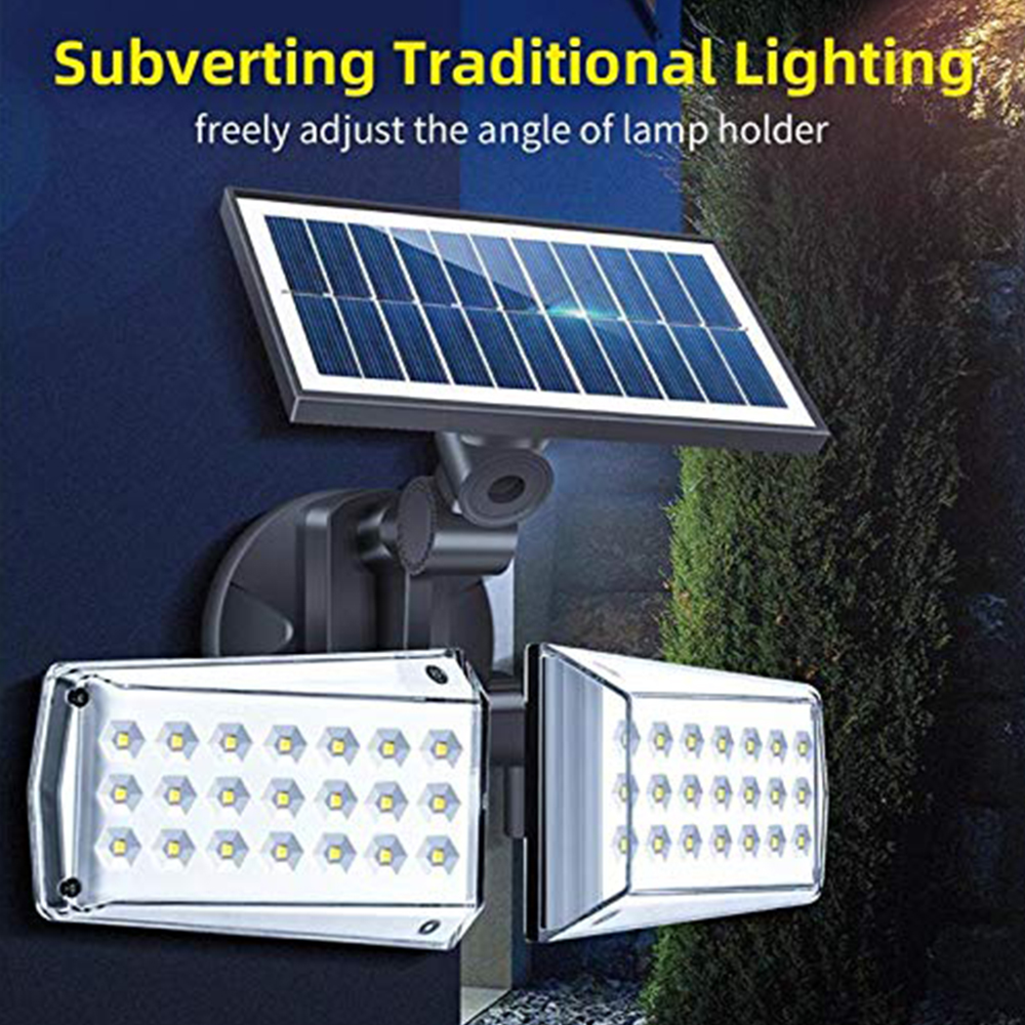 Eine Solarleuchte mit zwei LED-Strahlern und einem Solarpanel.