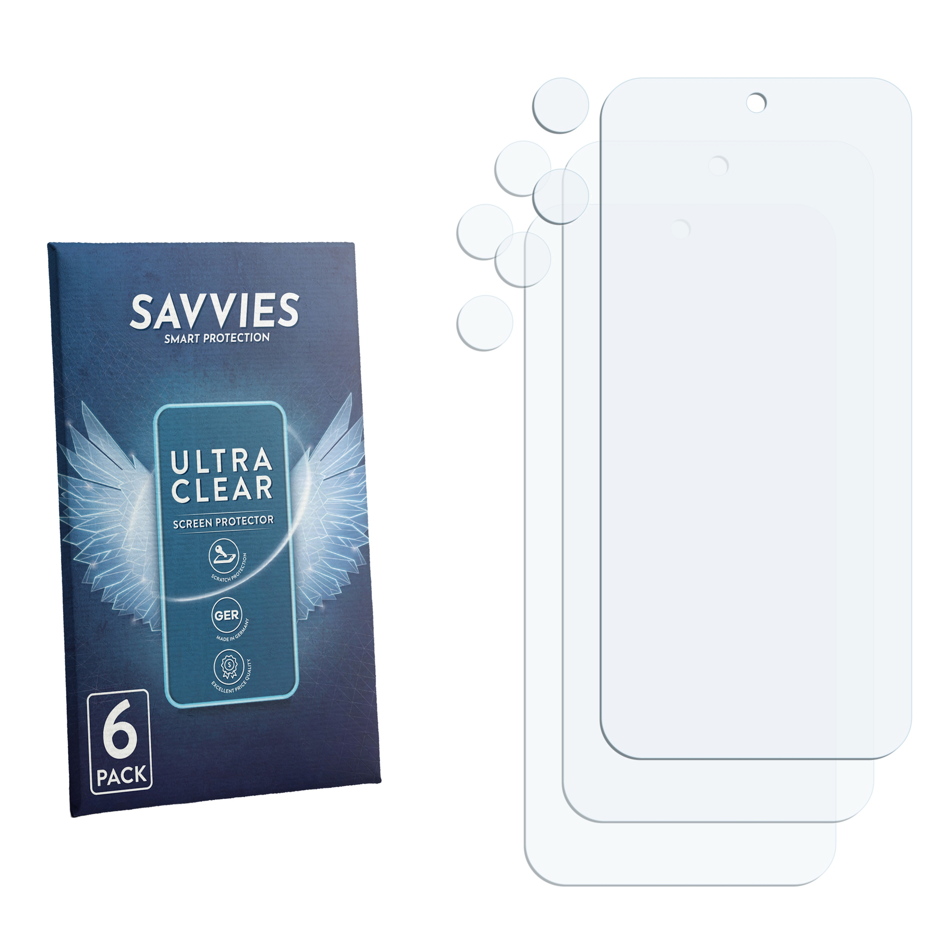 Eine Savvies Displayschutzfolien 6er-Pack-Box und drei klare Displayschutzfolien.