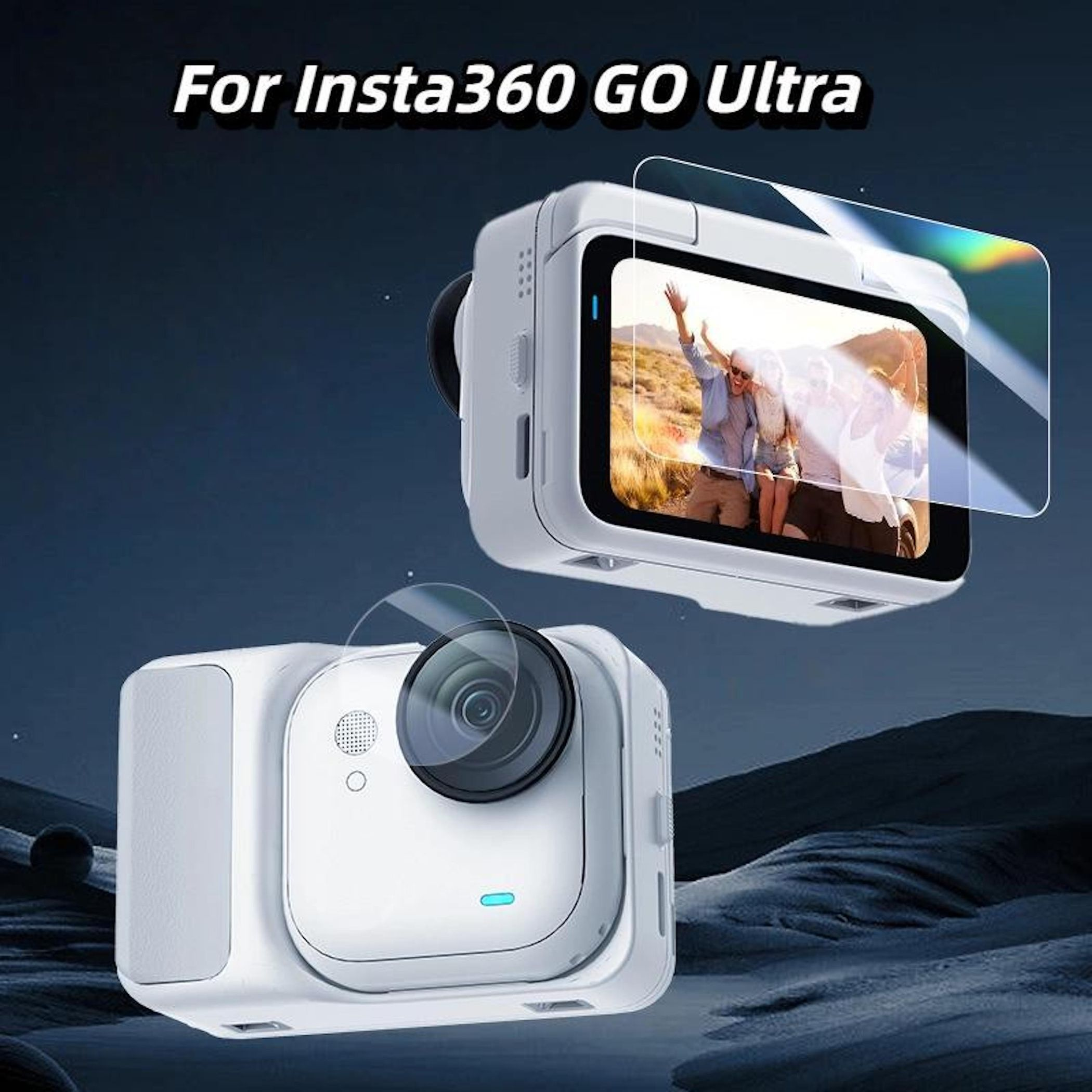 Zwei weiße Insta360 GO Ultra Kameras mit Displays. Eine zeigt ein Foto von Menschen.