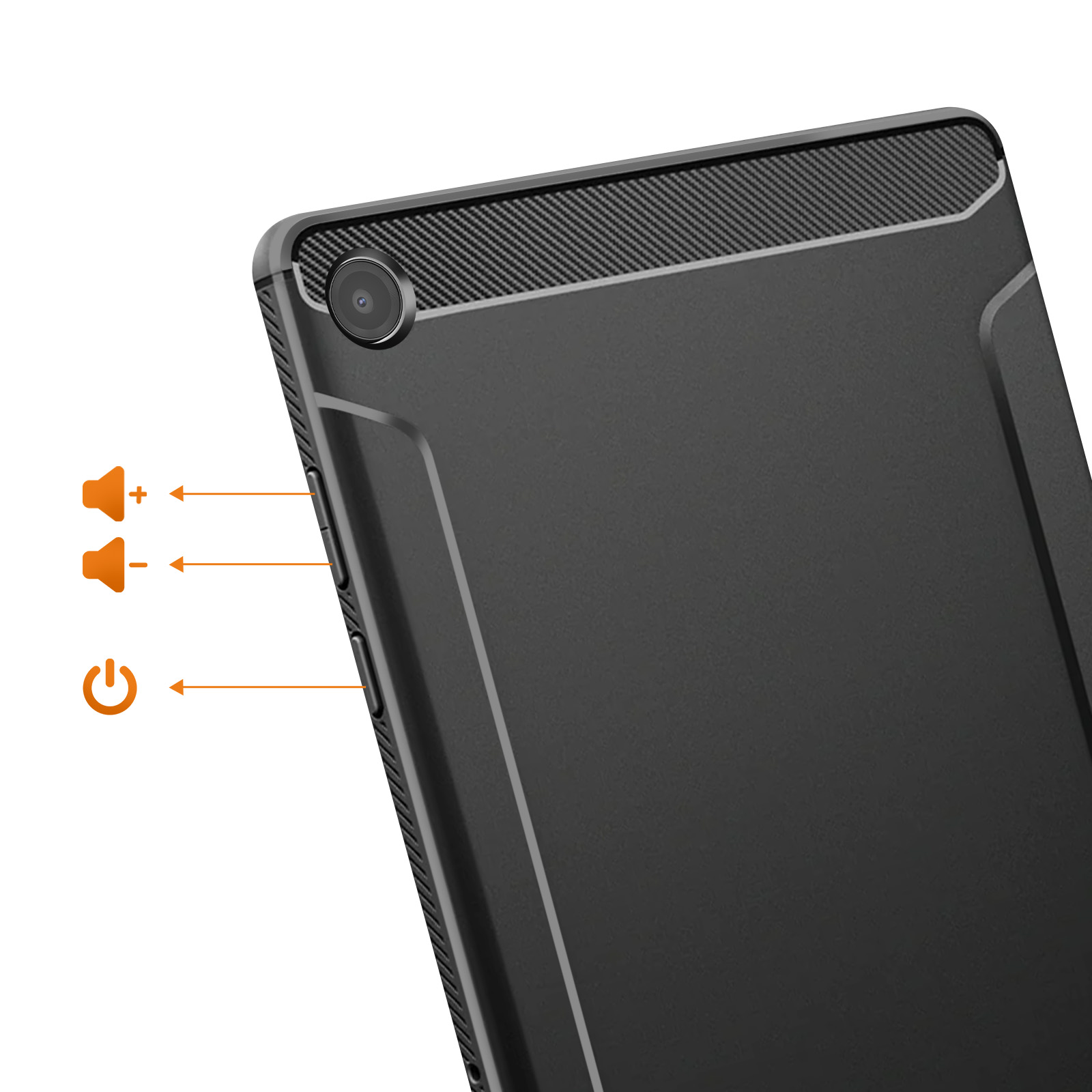 Schwarzes Tablet mit Kamera, Lautstärketasten und Power-Taste.