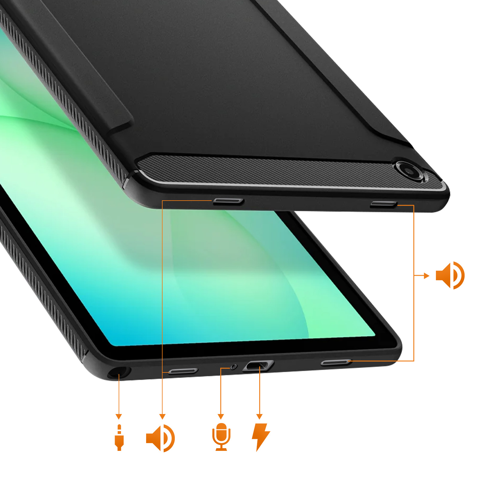 Schwarze Hülle für Tablet mit Anschlüssen und Symbolen für Ton, Mikrofon, Aufladen.