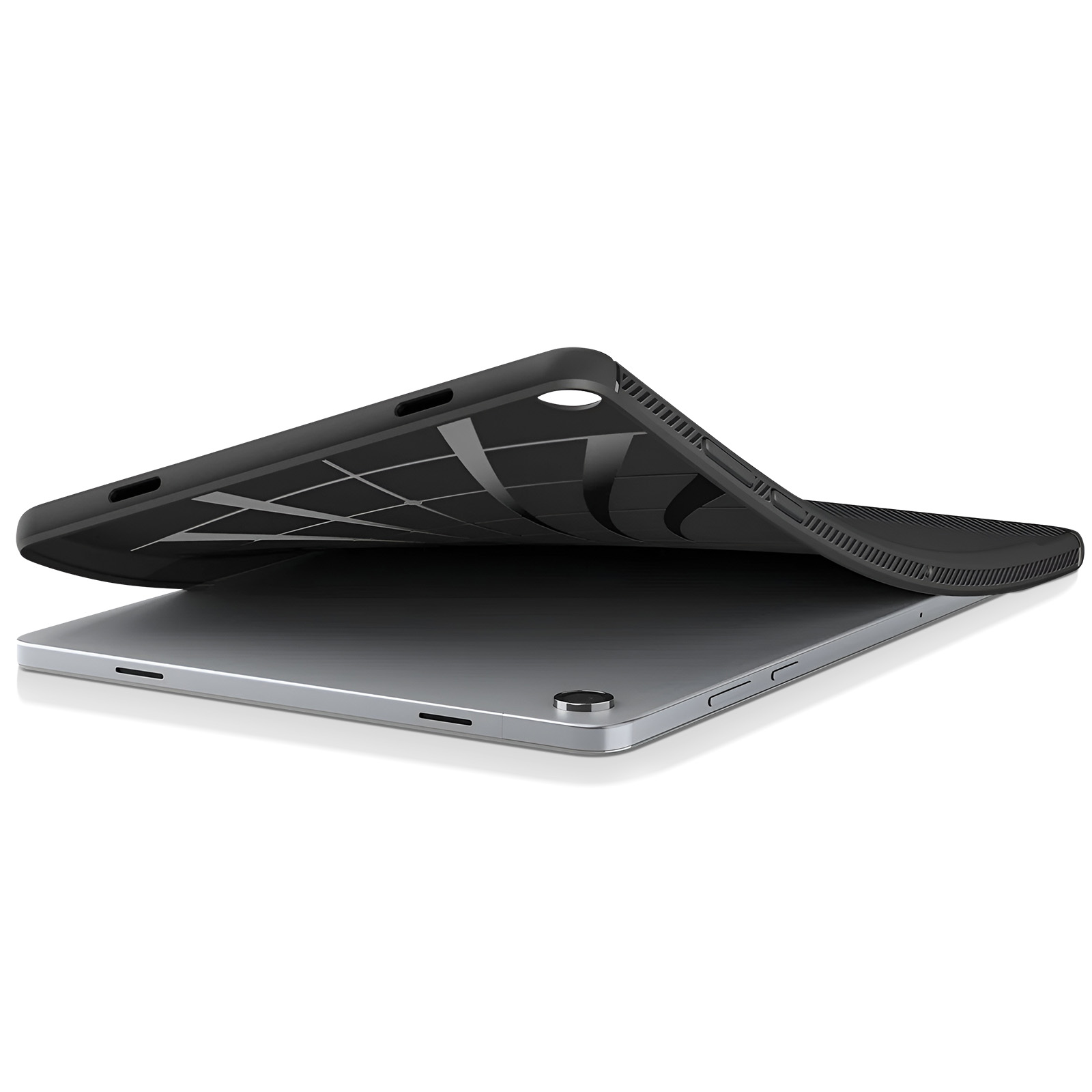 Ein schwarzes Tablet mit einer geöffneten Schutzhülle auf weißem Hintergrund.