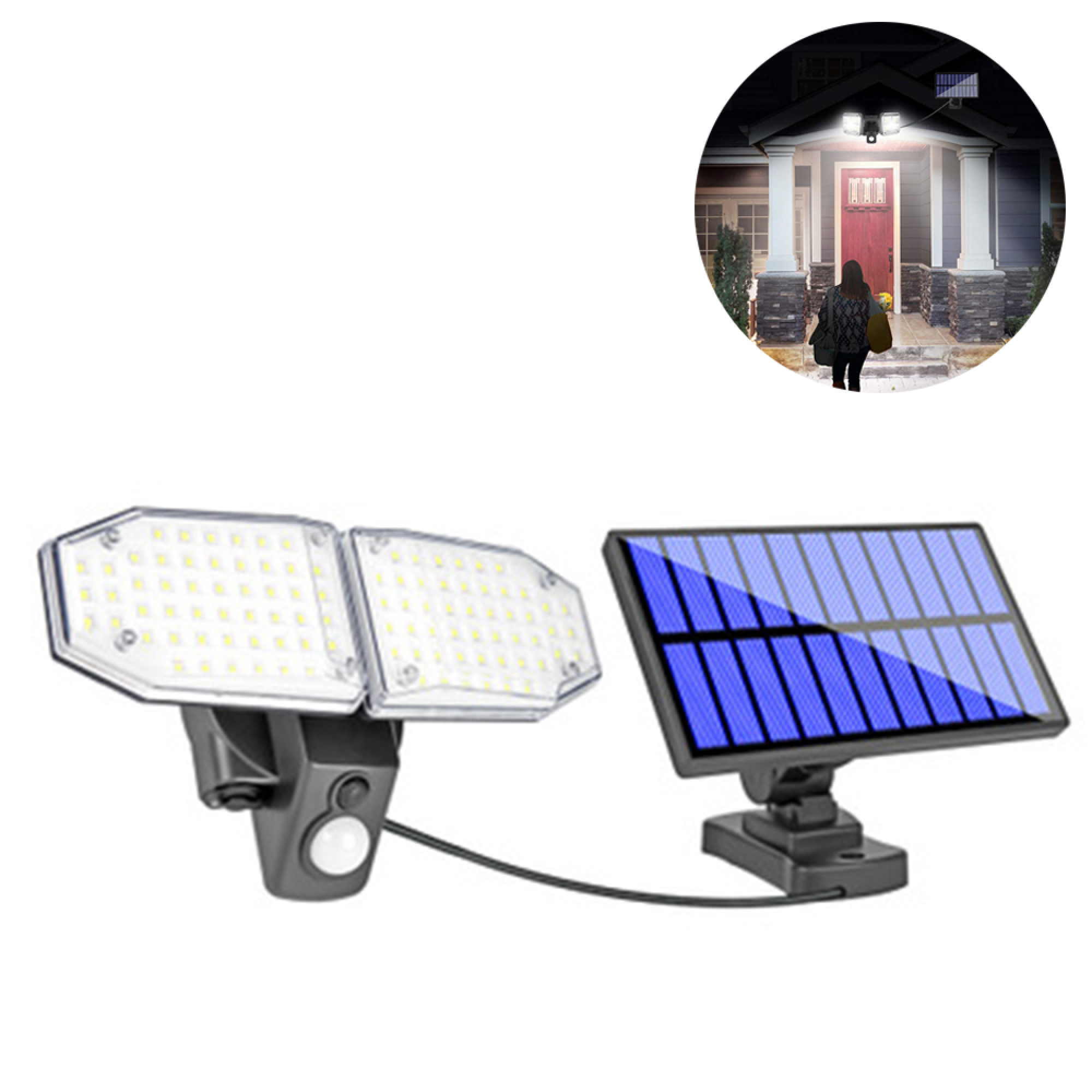 LED-Solarleuchte mit separatem Panel. Eine Frau nähert sich einem Haus.
