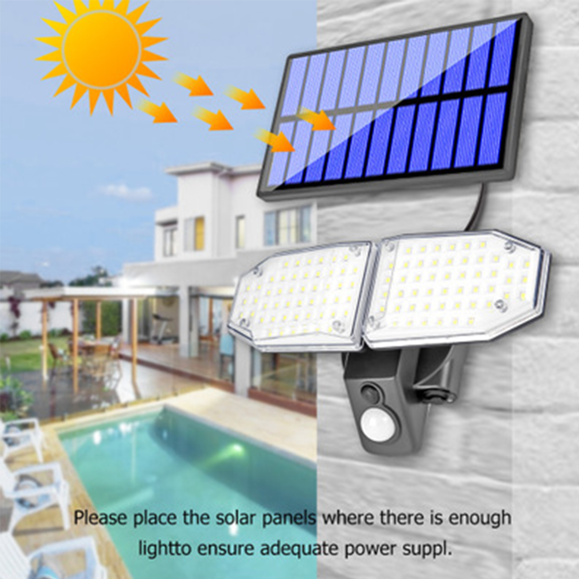 Sonnenlicht erhellt ein Solarpanel und eine Außenbeleuchtung über einem Pool.