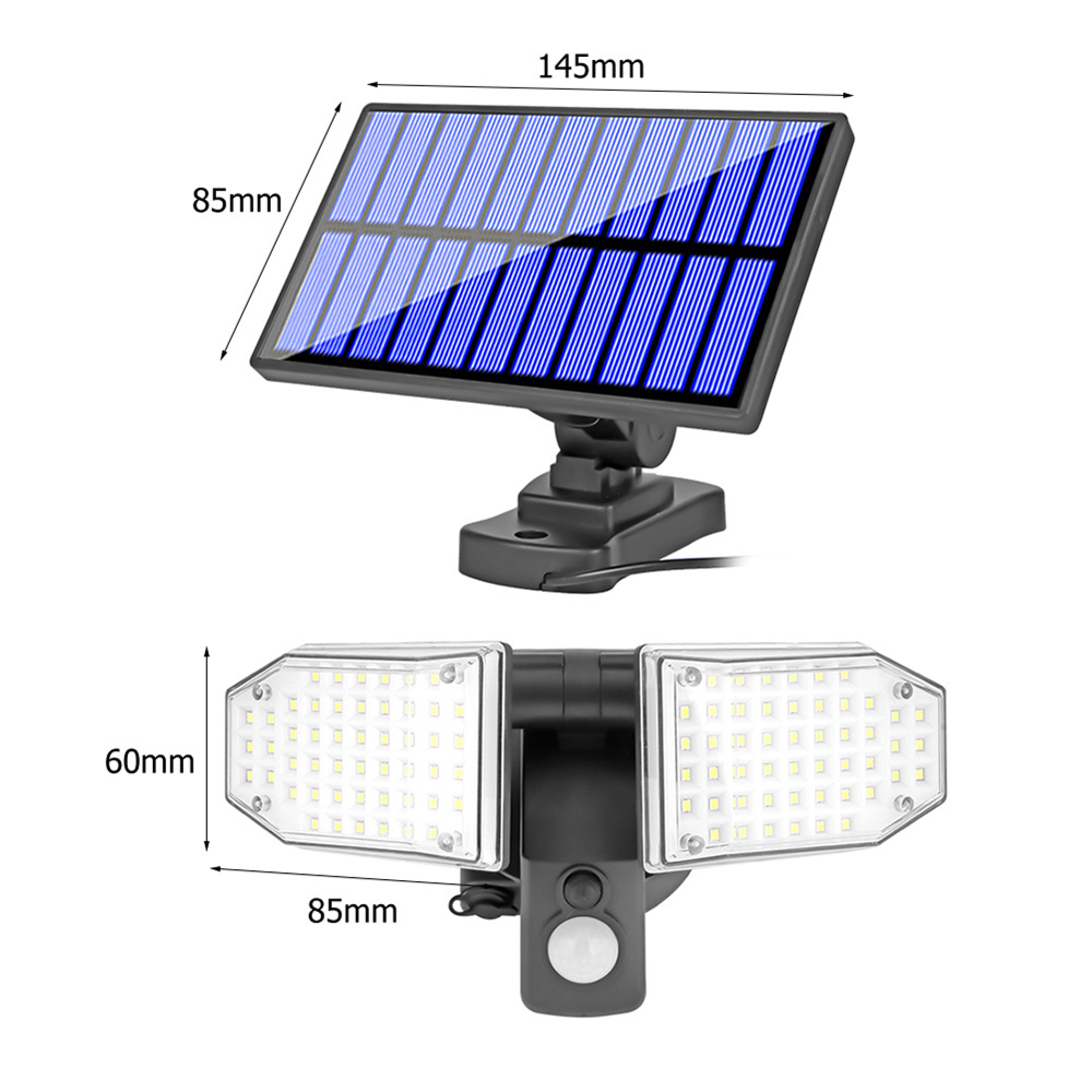 Solarpanel mit LED-Leuchte und Bewegungsmelder. Maße sind angegeben.