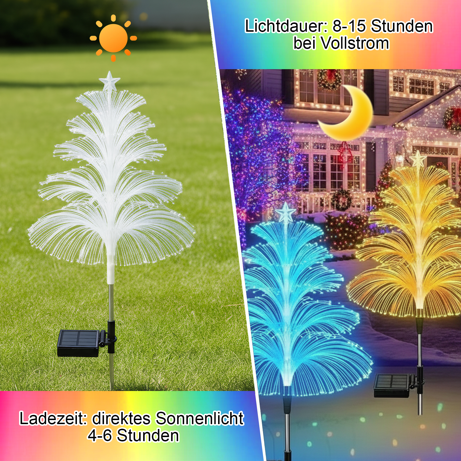 Weiße Baum-Deko bei Tag, blaue und gelbe Bäume bei Nacht vor Haus.