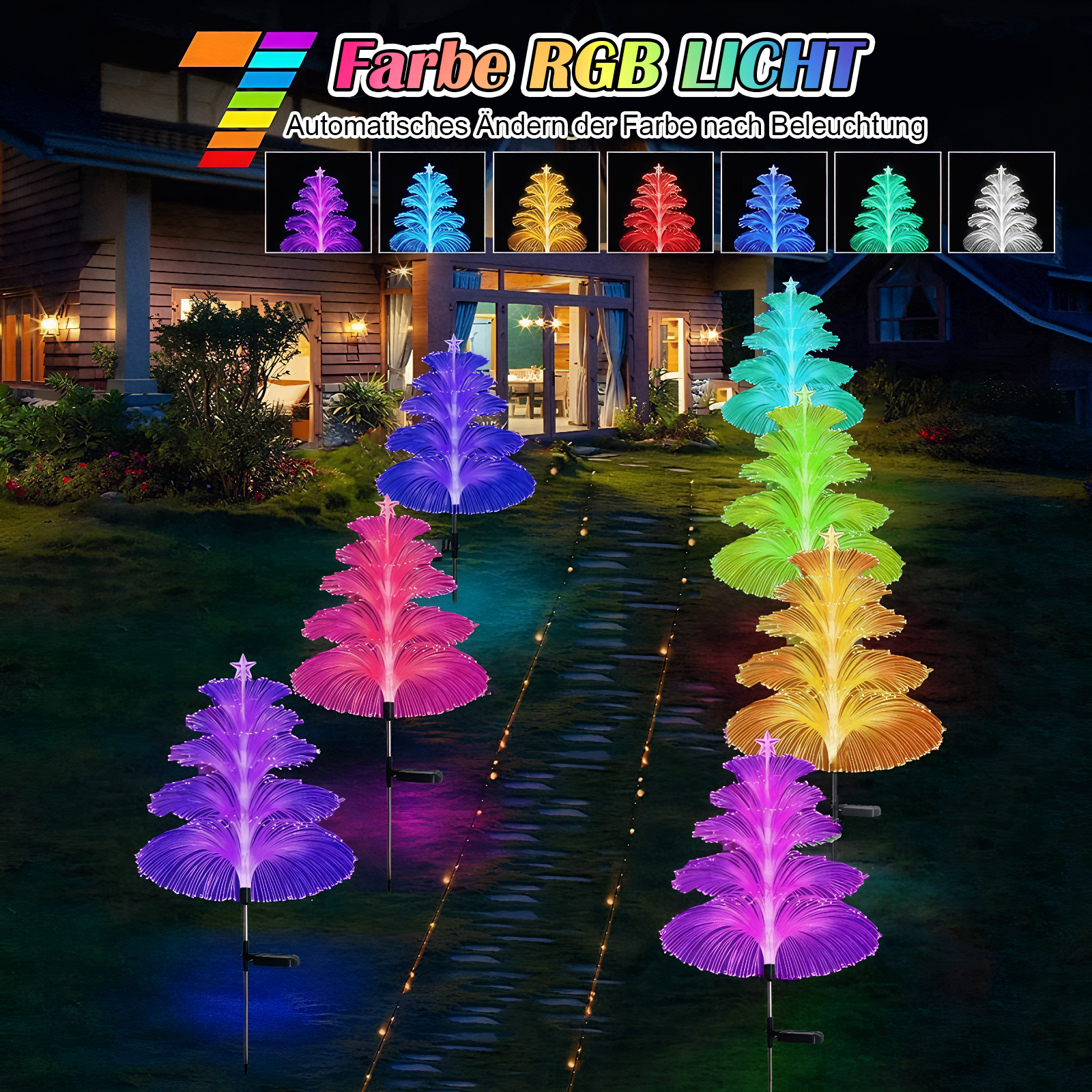 Beleuchtete Faserbaum-Gartenleuchten in verschiedenen Farben auf einem Rasenweg.