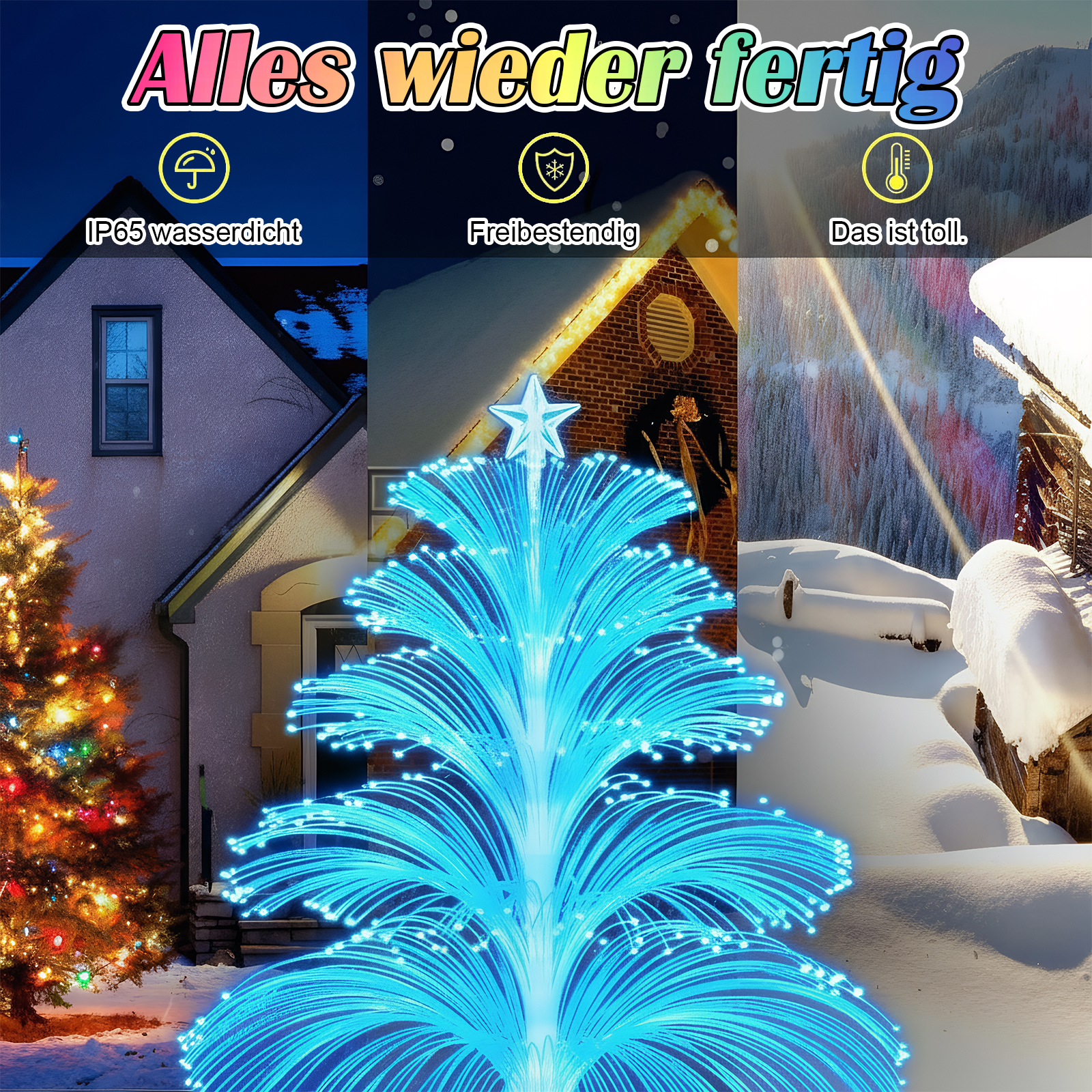 Collage zeigt Weihnachtsbäume, Schnee, und wetterfeste Symbole.