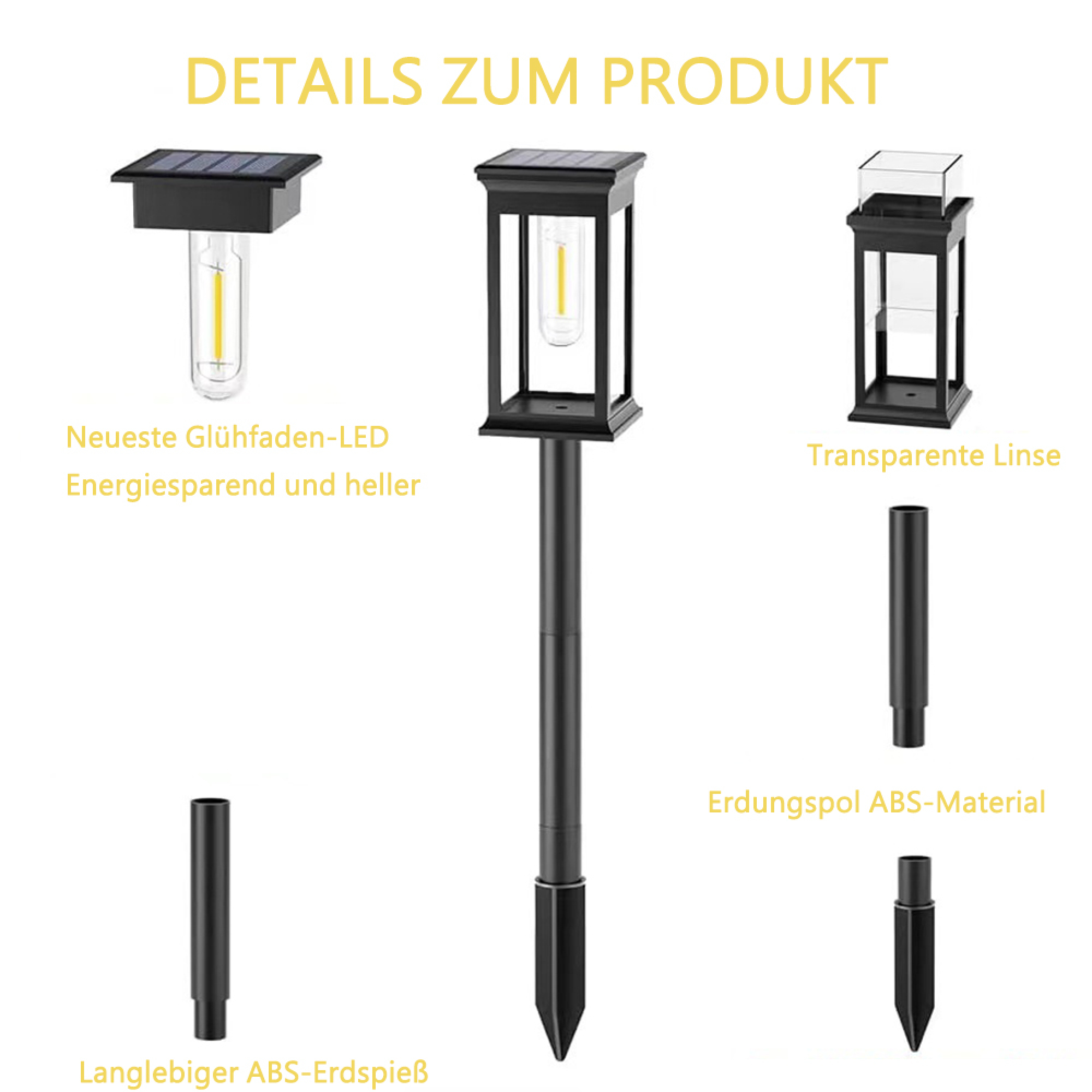 Produkt-Details: Solarleuchte, Erdspieß, transparente Linse.