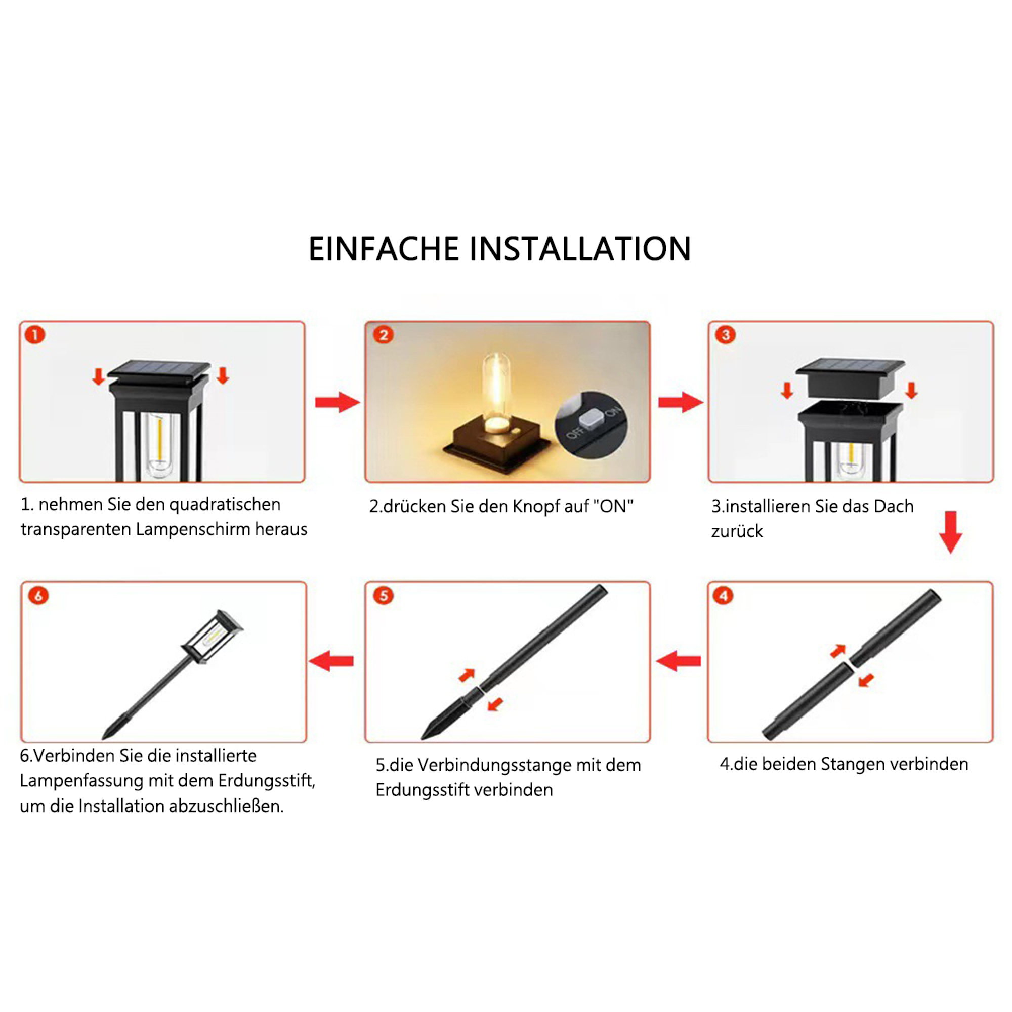 Installationsanleitung für eine Lampe mit 6 Schritten: Lampe zerlegen, Knopf einschalten, Dach anbringen.