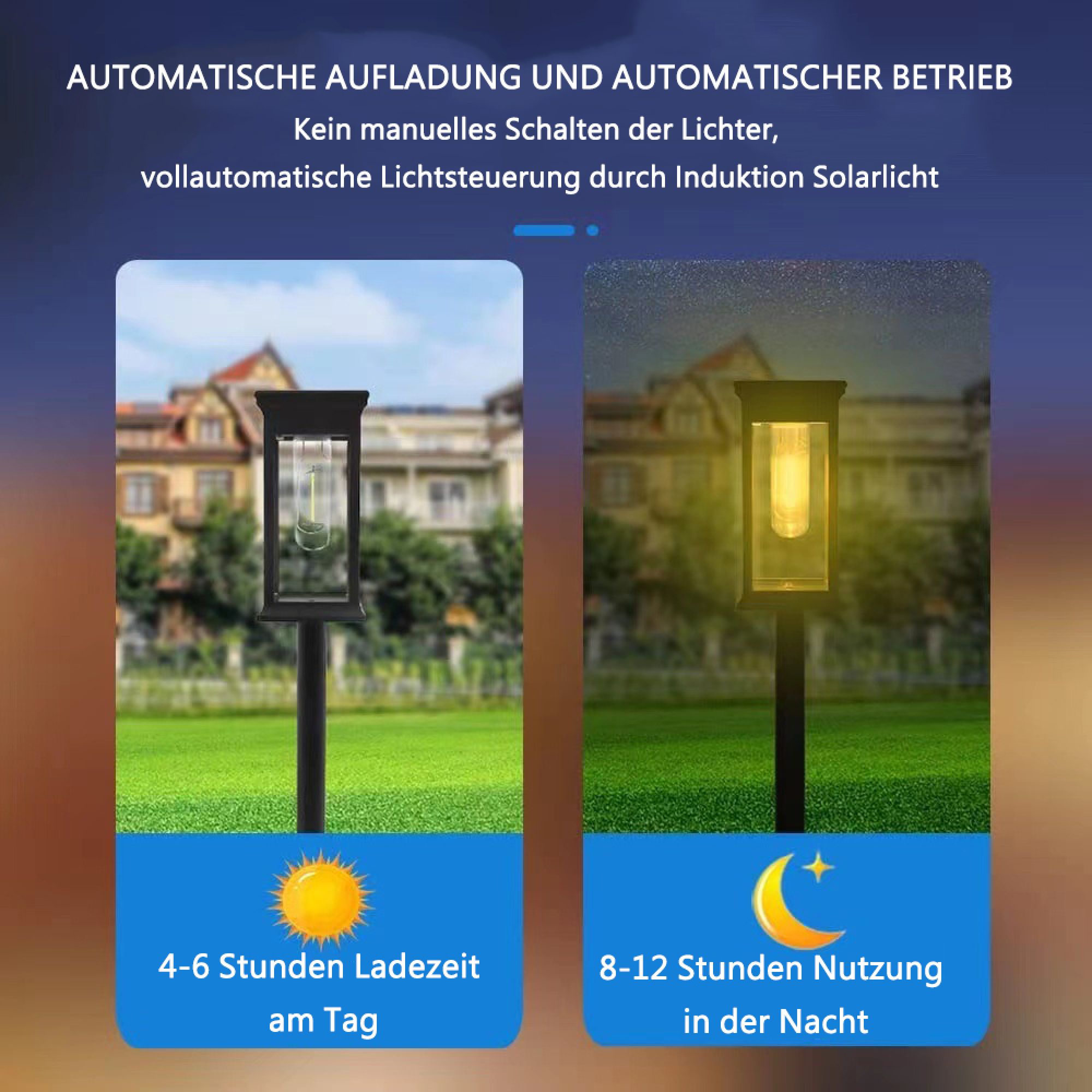 Solarleuchte bei Tag und Nacht. Lädt 4-6 Std. am Tag, leuchtet 8-12 Std. in der Nacht.