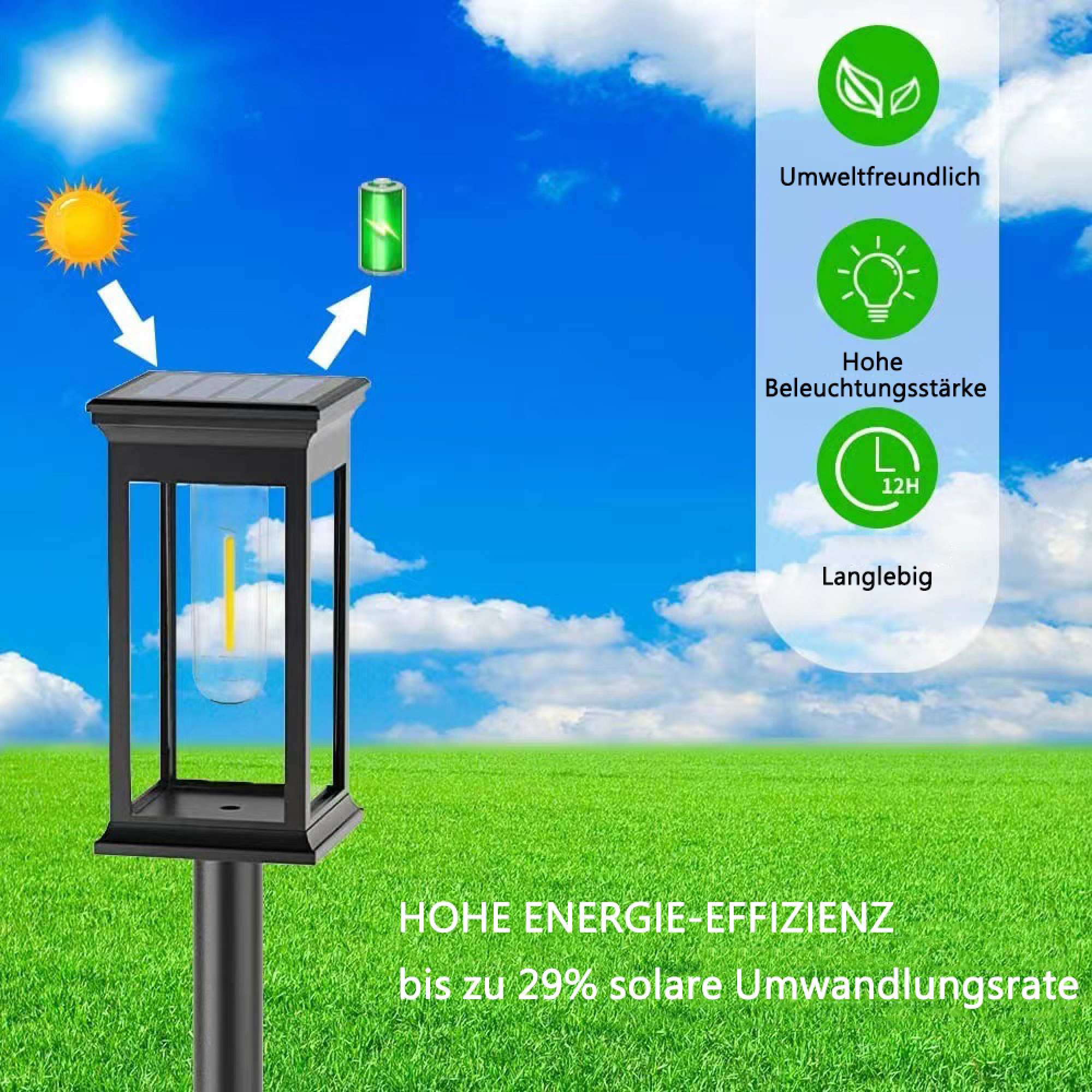 Solarleuchte mit Batterie und Sonne, umweltfreundlich, helle Beleuchtung, 12h Langlebigkeit.