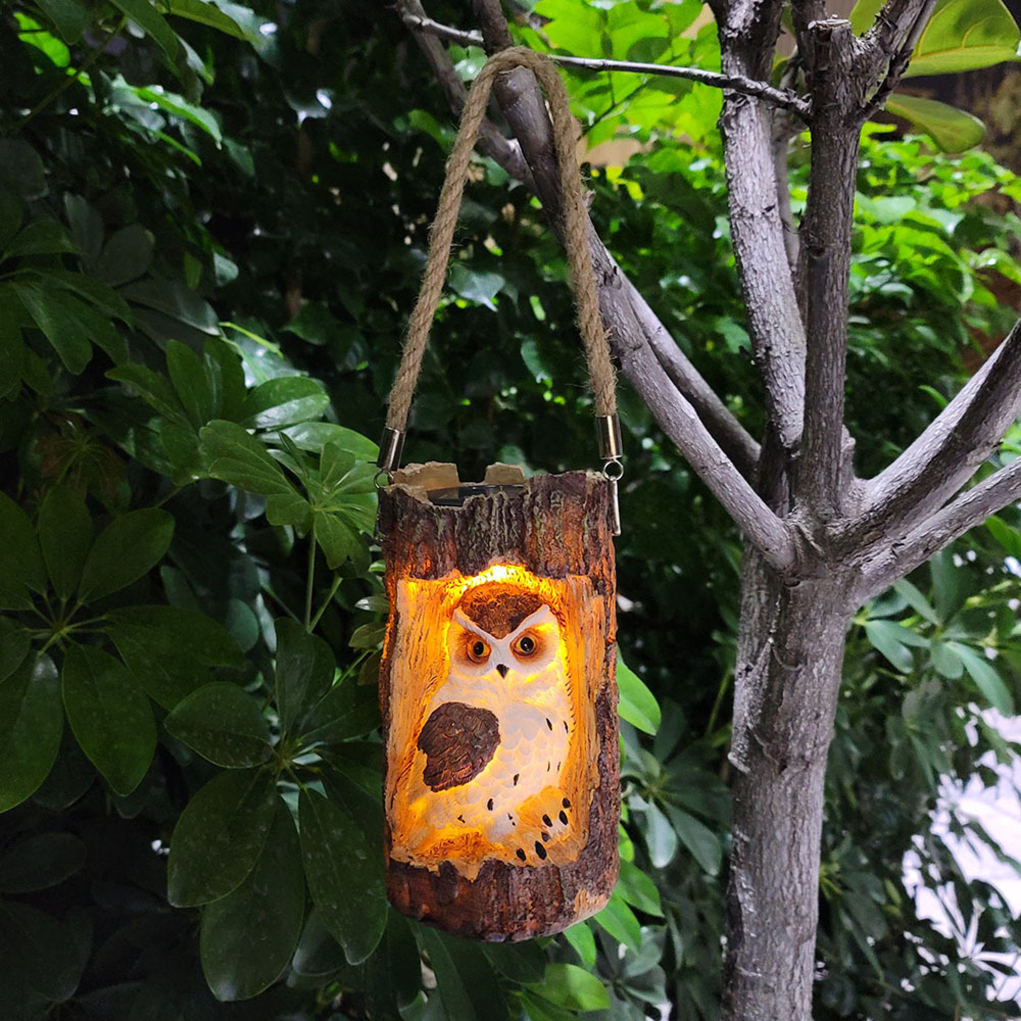 Eine Eulenlaterne aus Holz hängt an einem Ast, beleuchtet von innen.