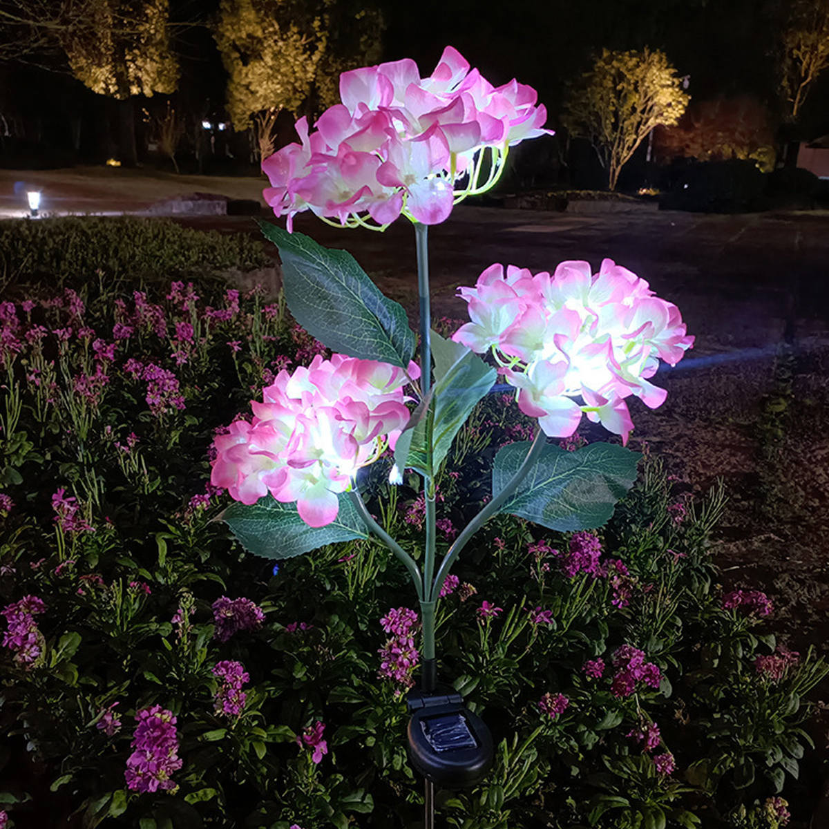 Leuchtende rosa Hortensien im Garten bei Nacht mit Solarladegerät.