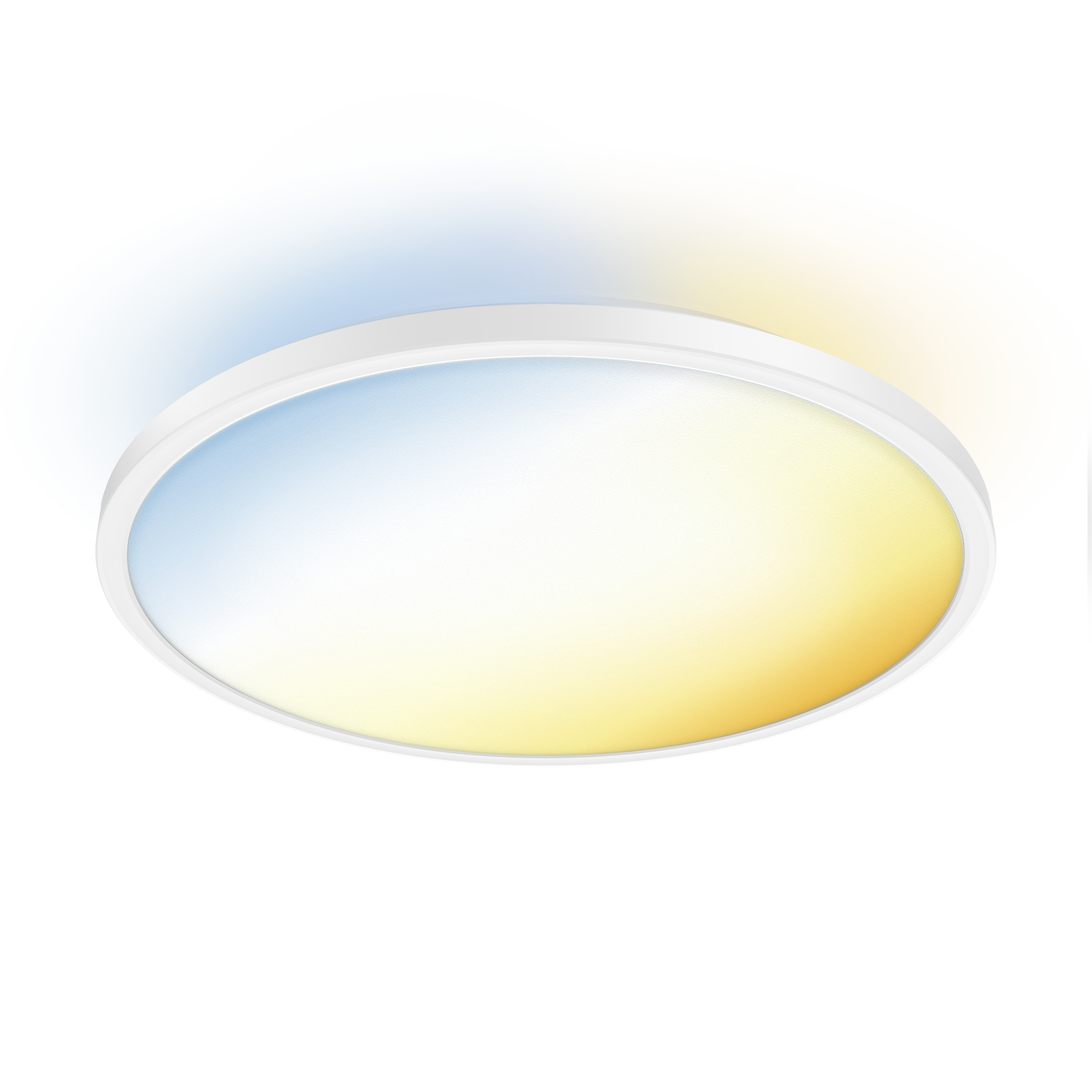 Een witte, ronde plafondlamp met een diffuse overgang van blauw naar geel licht.