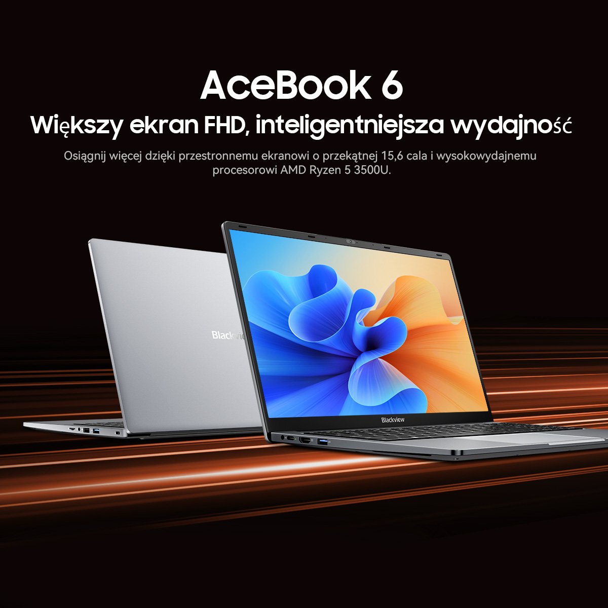 Dwa laptopy, jeden srebrny, drugi czarny, na abstrakcyjnym tle.