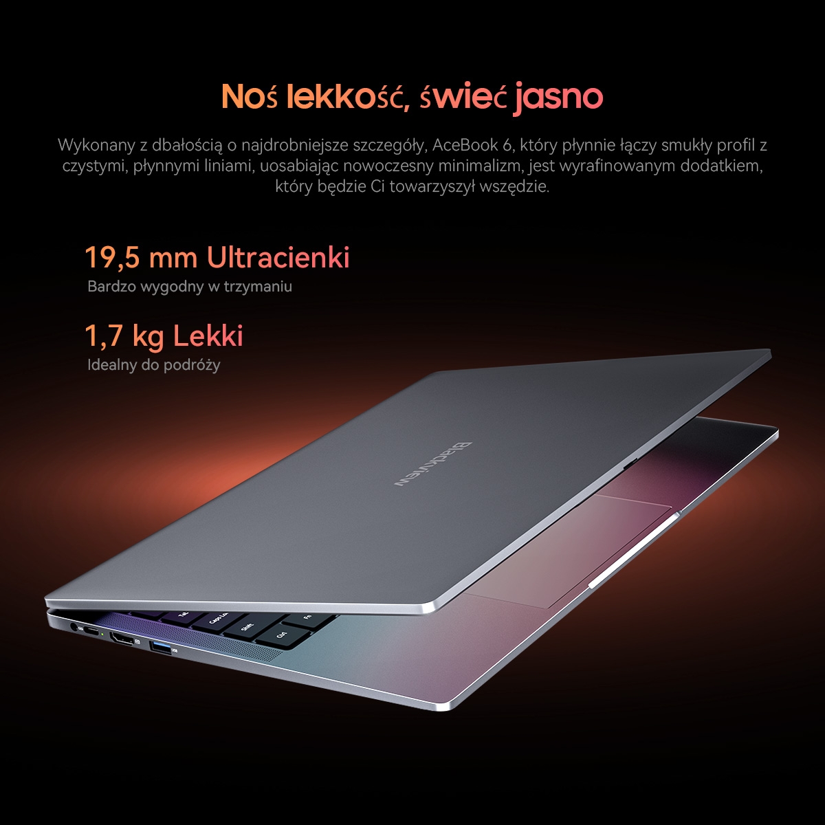 Elegancki, szary laptop z podświetlaną klawiaturą i logo 'Blackview'.