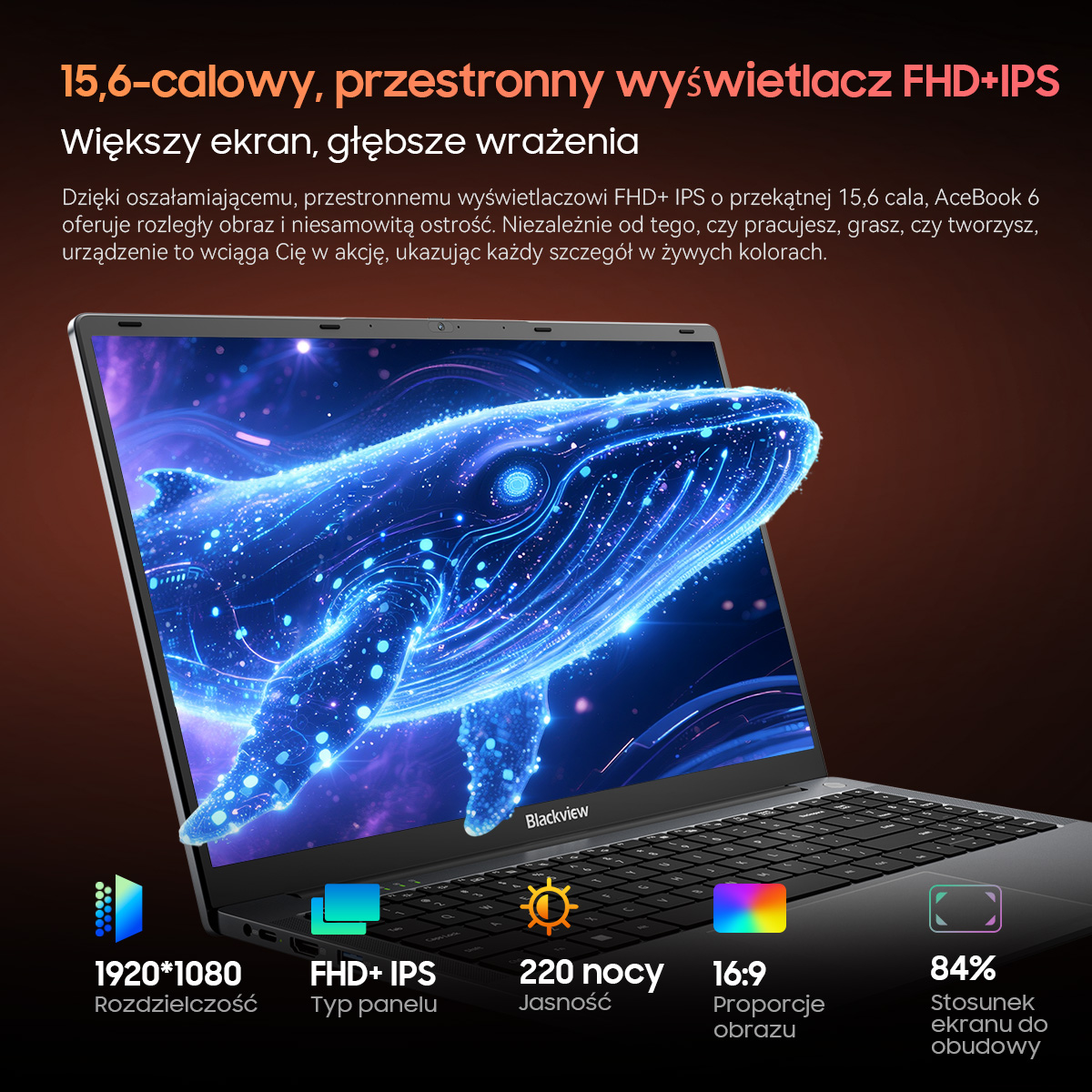 Laptop z wielorybem na ekranie, wyświetlacz FHD+ IPS 15,6 cala.