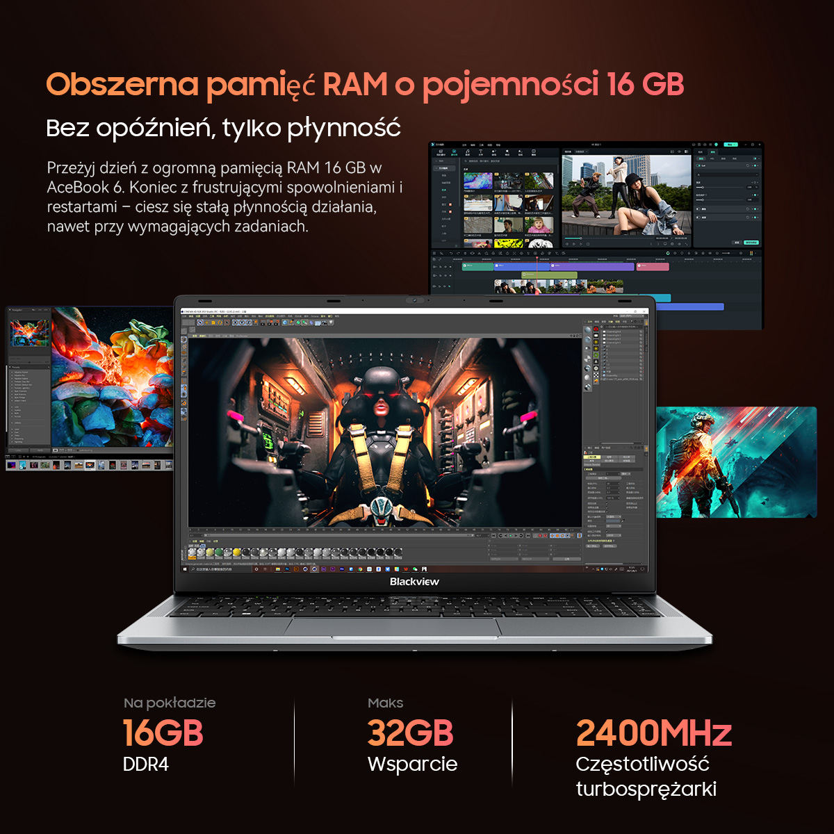 Laptop z 16 GB RAM, pokazujący edycję wideo. Specyfikacje: 16 GB DDR4, 32 GB max, 2400 MHz.