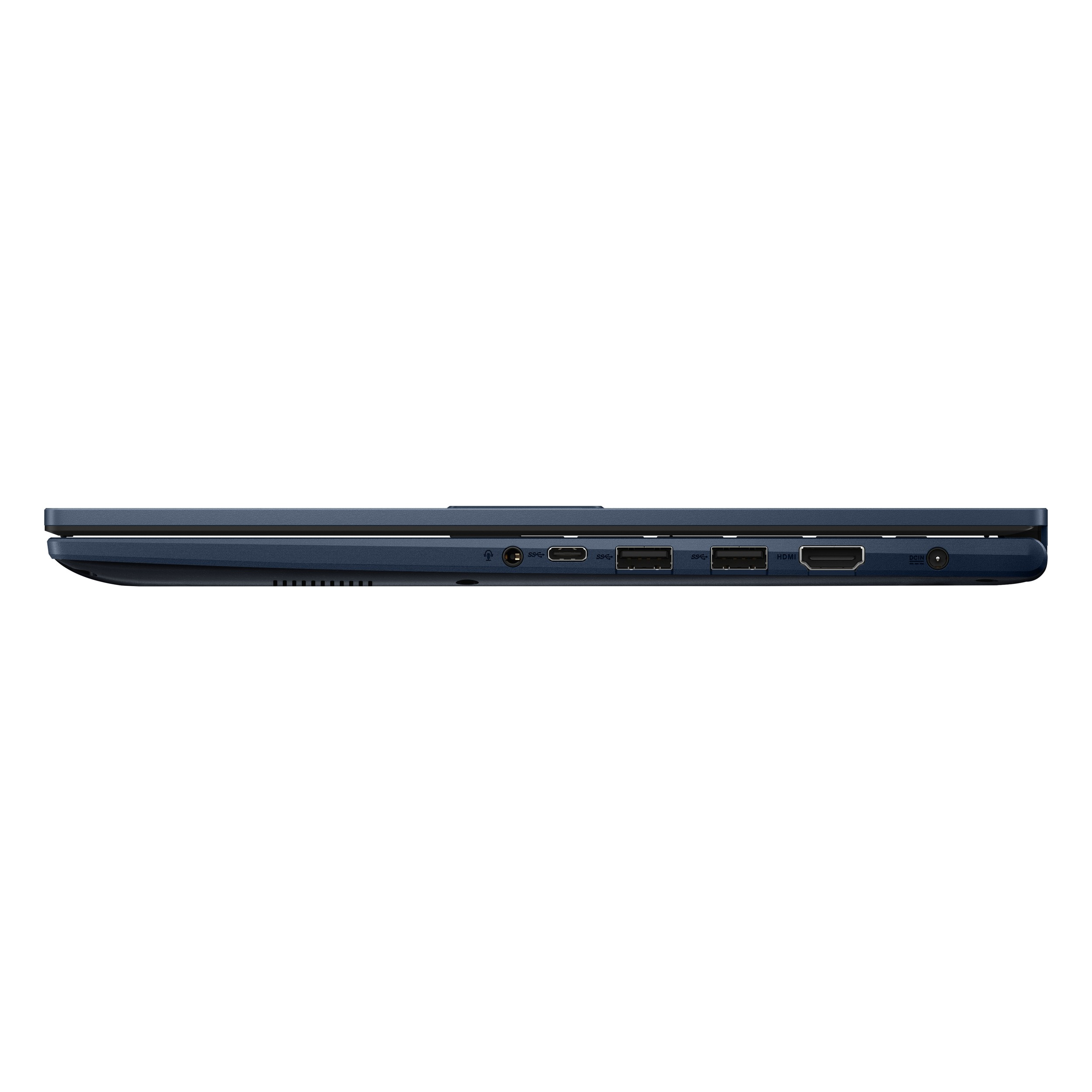 Mavi dizüstü bilgisayar profili, bağlantı noktaları: ses, USB-C, HDMI, DC-IN.