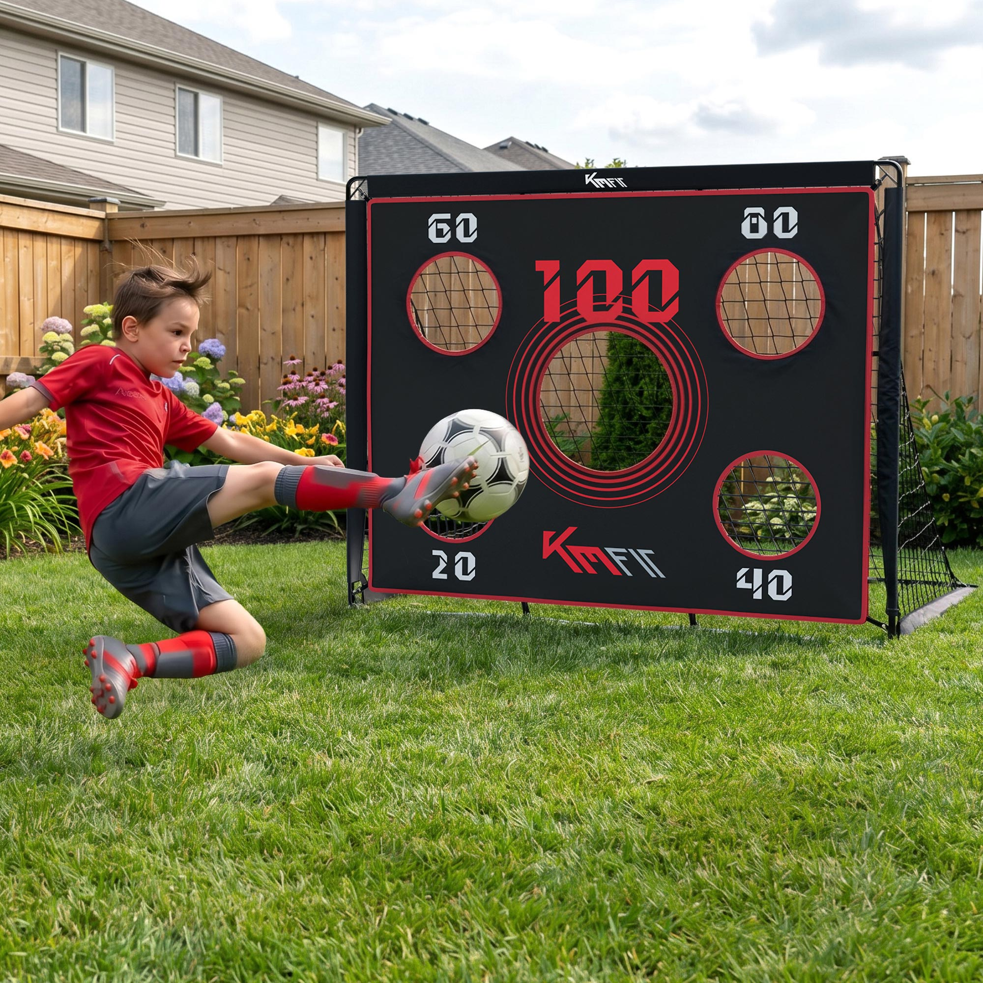 Junge kickt Ball auf Zielwand mit Punkten: 20, 40, 60, 100.