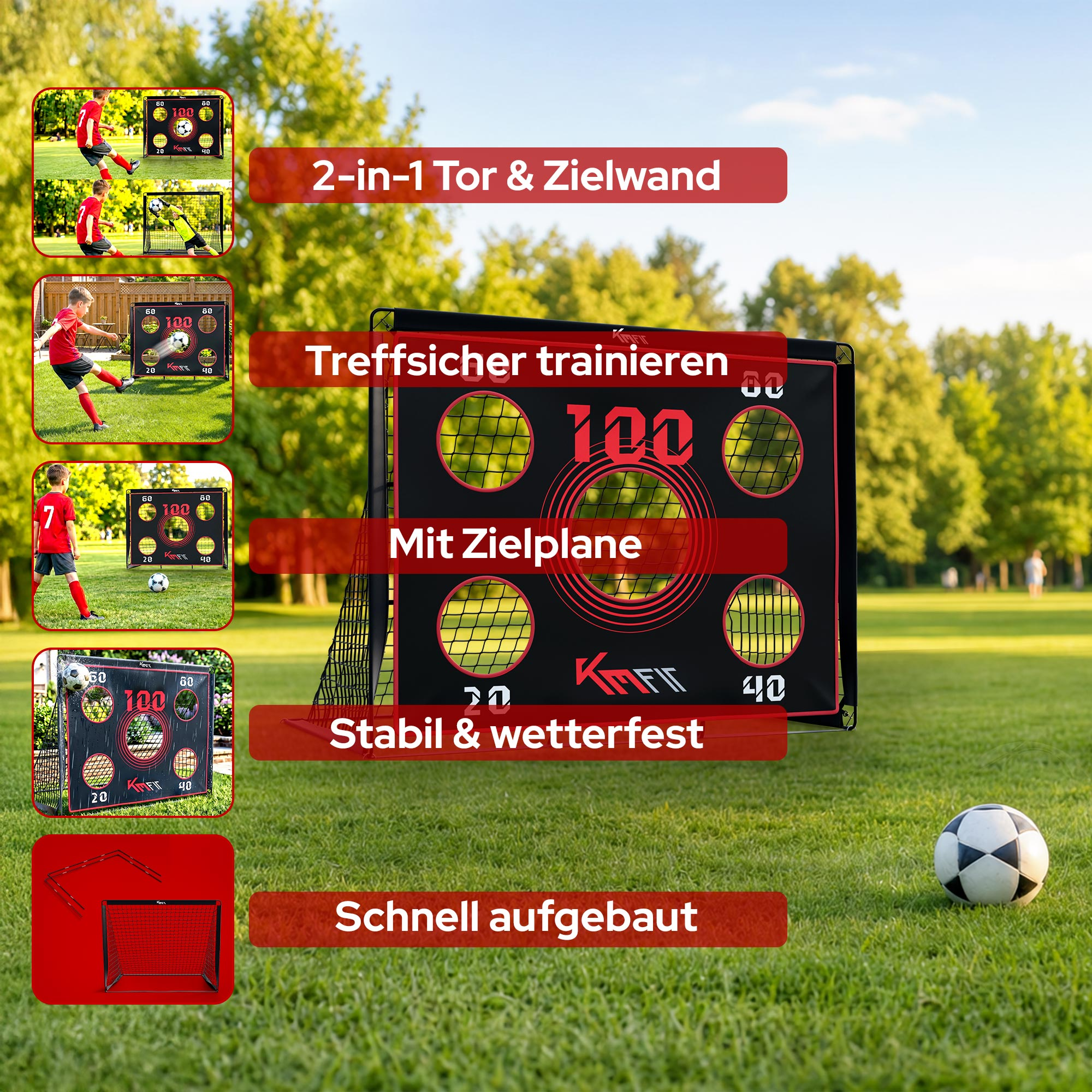 Fußball Torwand mit verschiedenen Punktfeldern, Kinder spielen Fußball.