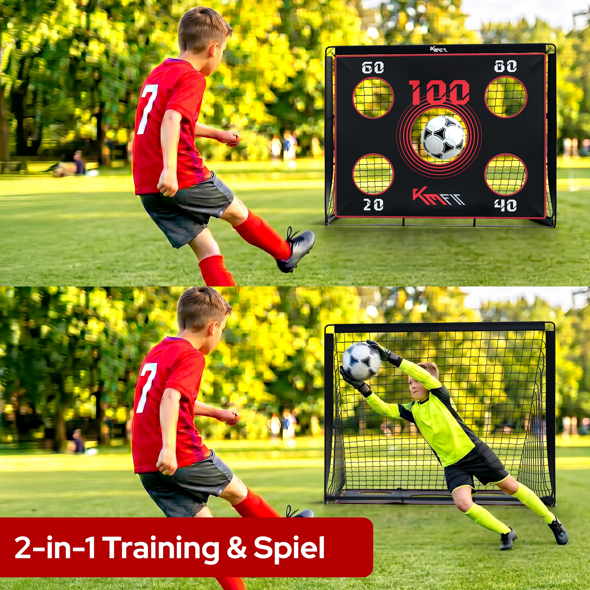 Junge spielt Fußball gegen eine Trainingswand und dann fängt ein Torwart den Ball.
