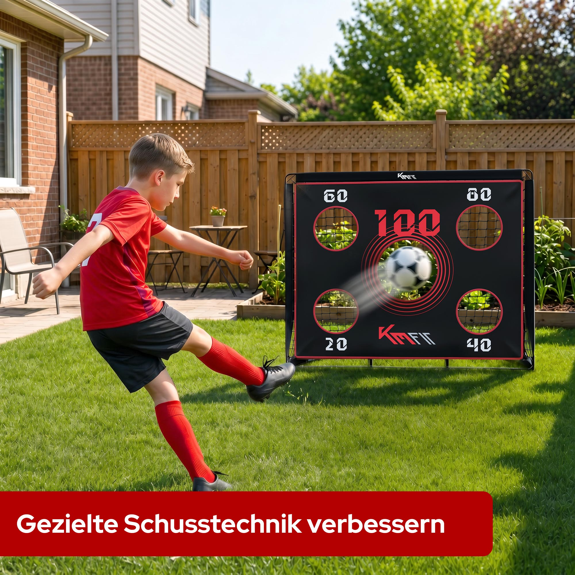 Ein Junge in Rot tritt gegen ein Fußballtor. Rasen im Garten.