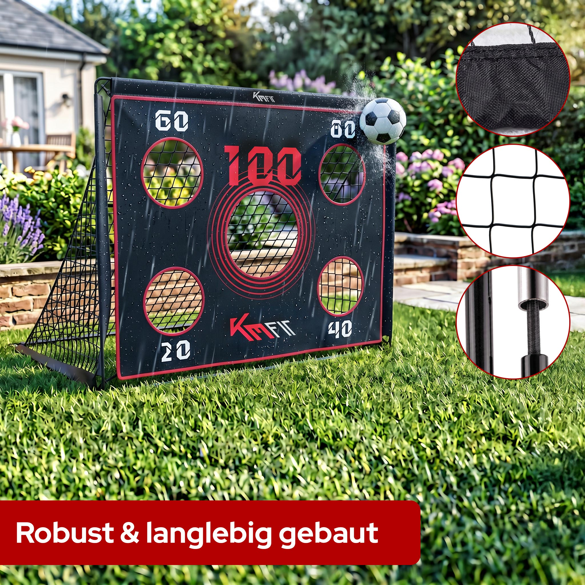 Fußball-Übungsnetz mit Zielen, ein Ball fliegt hinein.