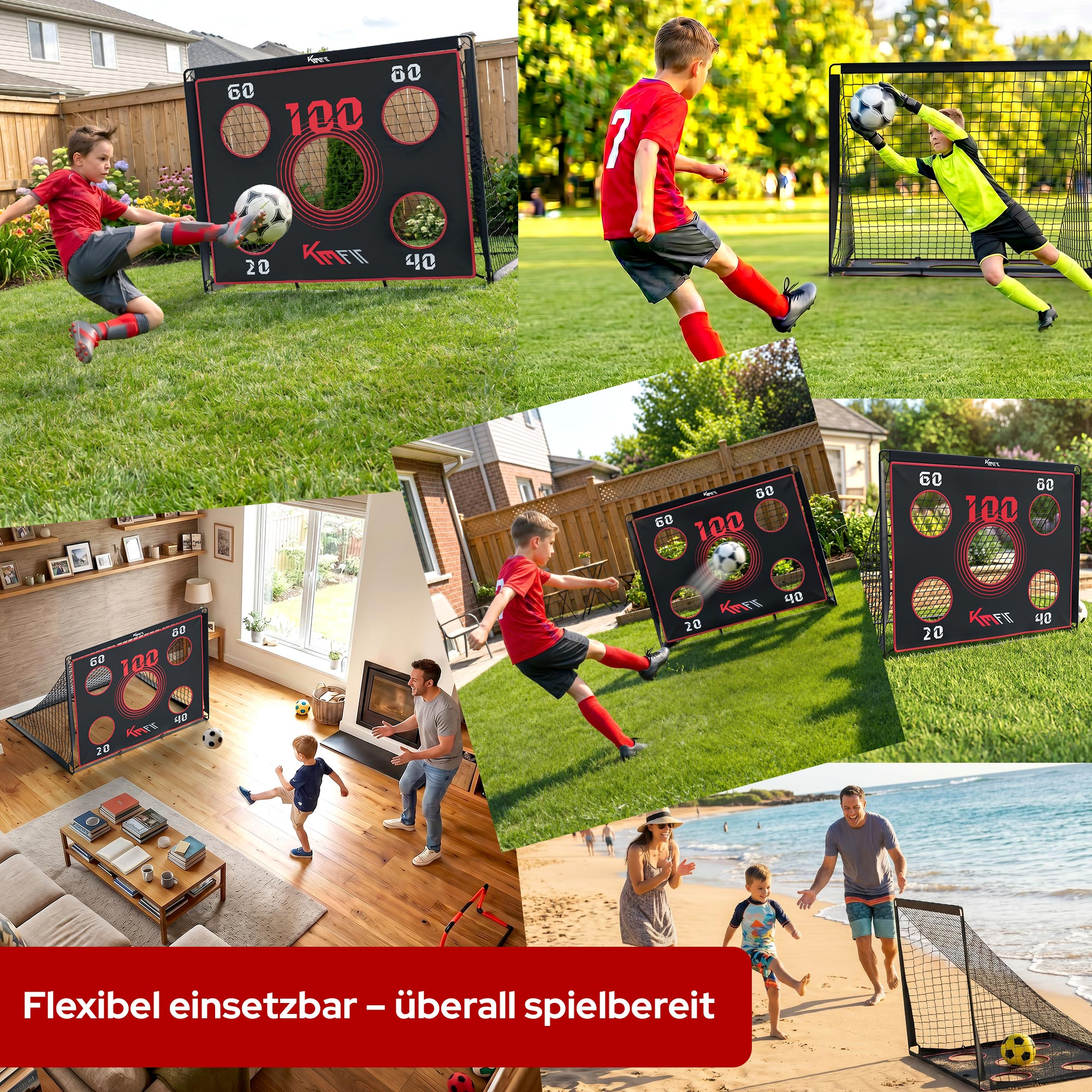 Junge tritt gegen Fußball-Trainingswand, ein Torwart fängt Ball.
