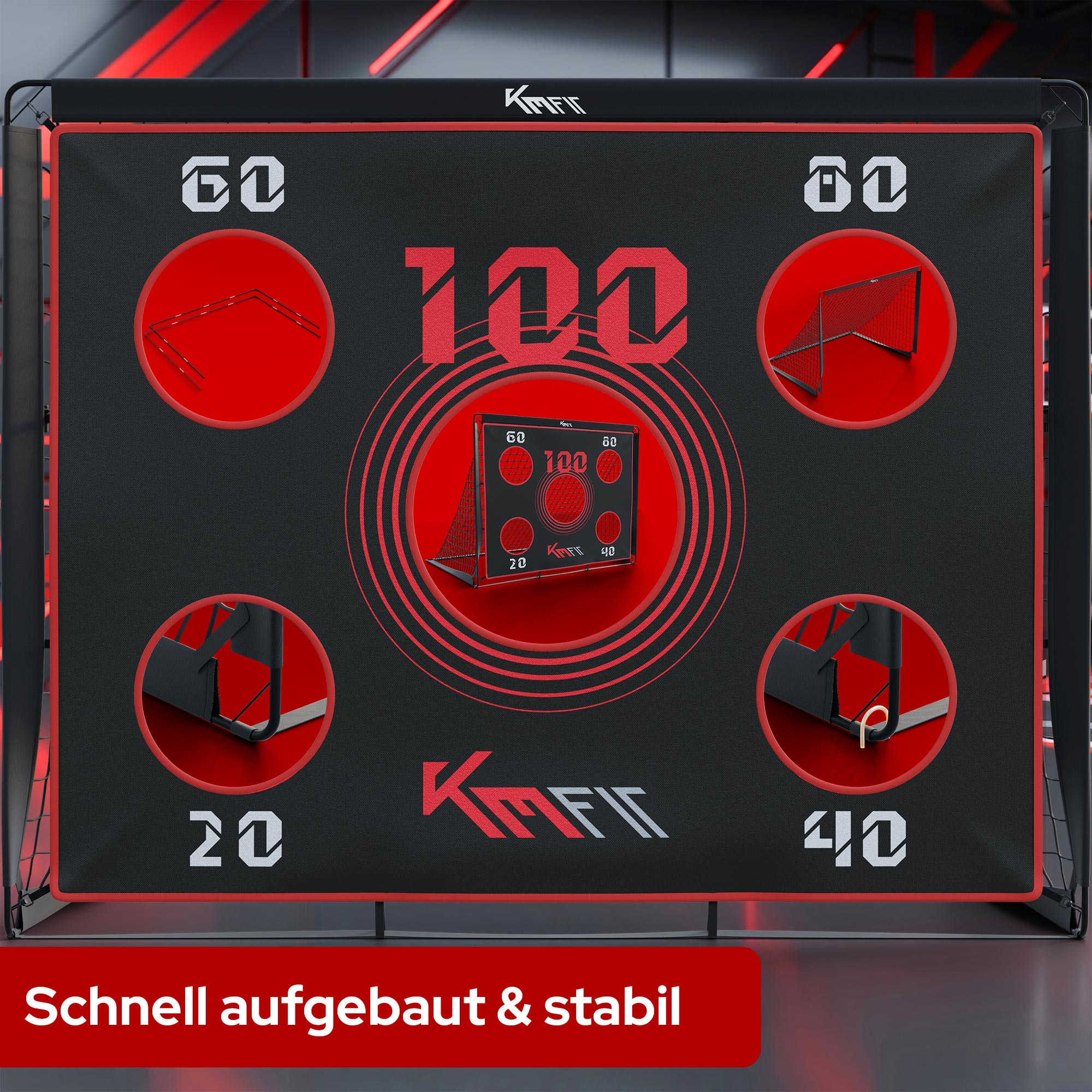 Ein schwarzes Fußballtor mit roten Akzenten und Punktzahlen 20, 40, 60, 100.