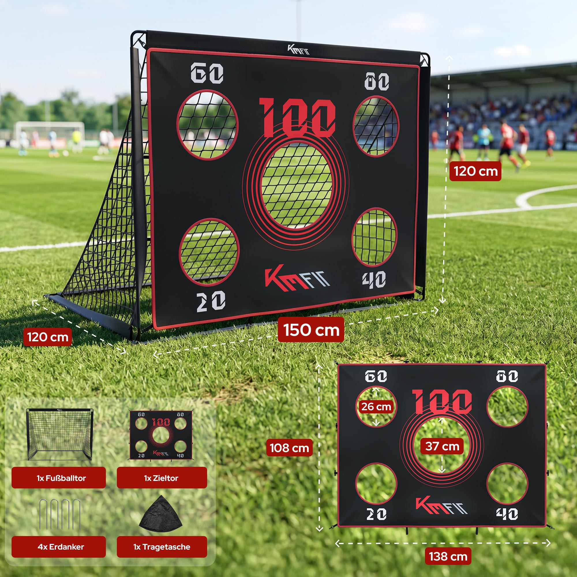Fußball-Trainingsset mit Torwand, Fußballtor, Erdankern und Tasche.