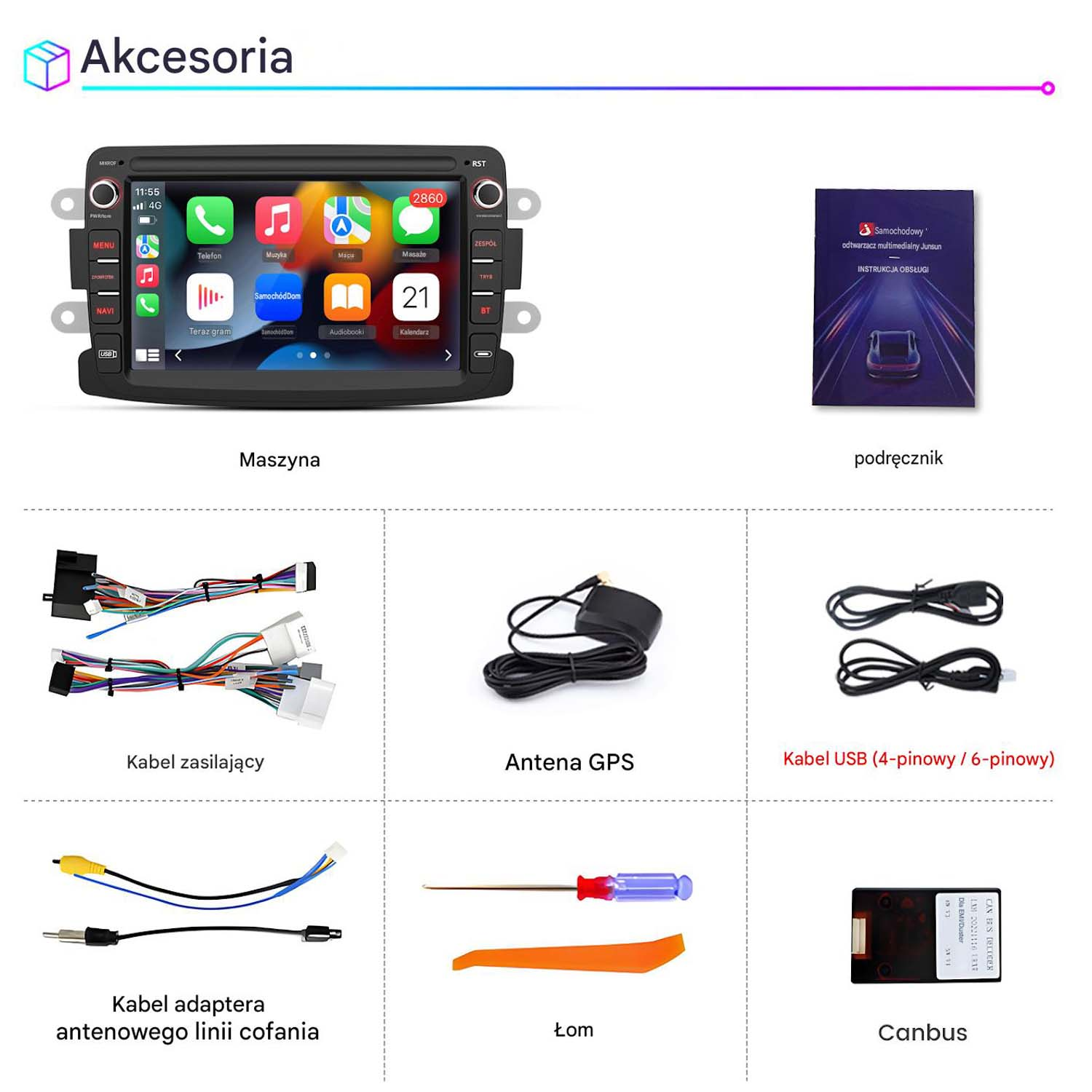 Akcesoria: Radio samochodowe, podręcznik, kable, antena, USB, łom, Canbus.