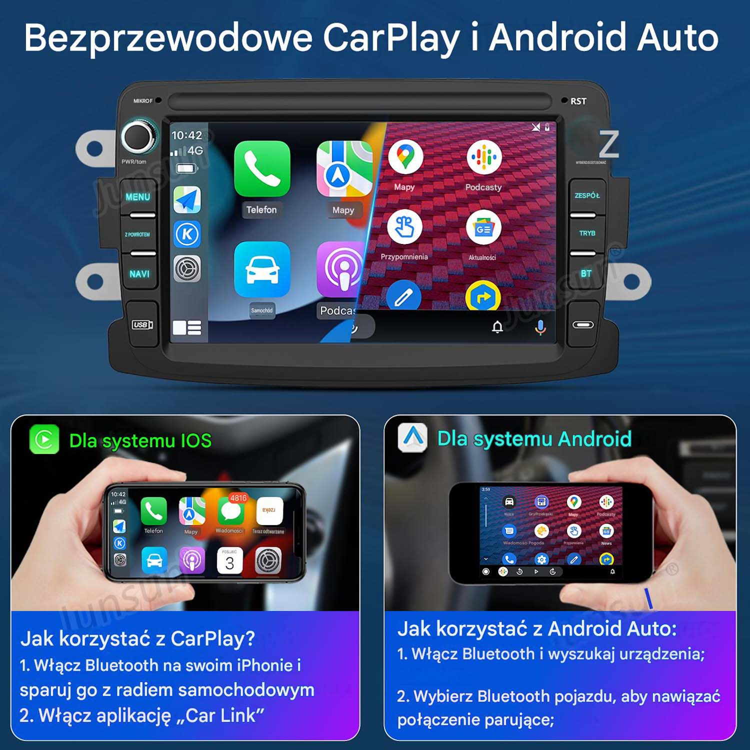 Ekran radia samochodowego pokazuje aplikacje CarPlay i Android Auto. Poniżej dwa ekrany smartfonów.